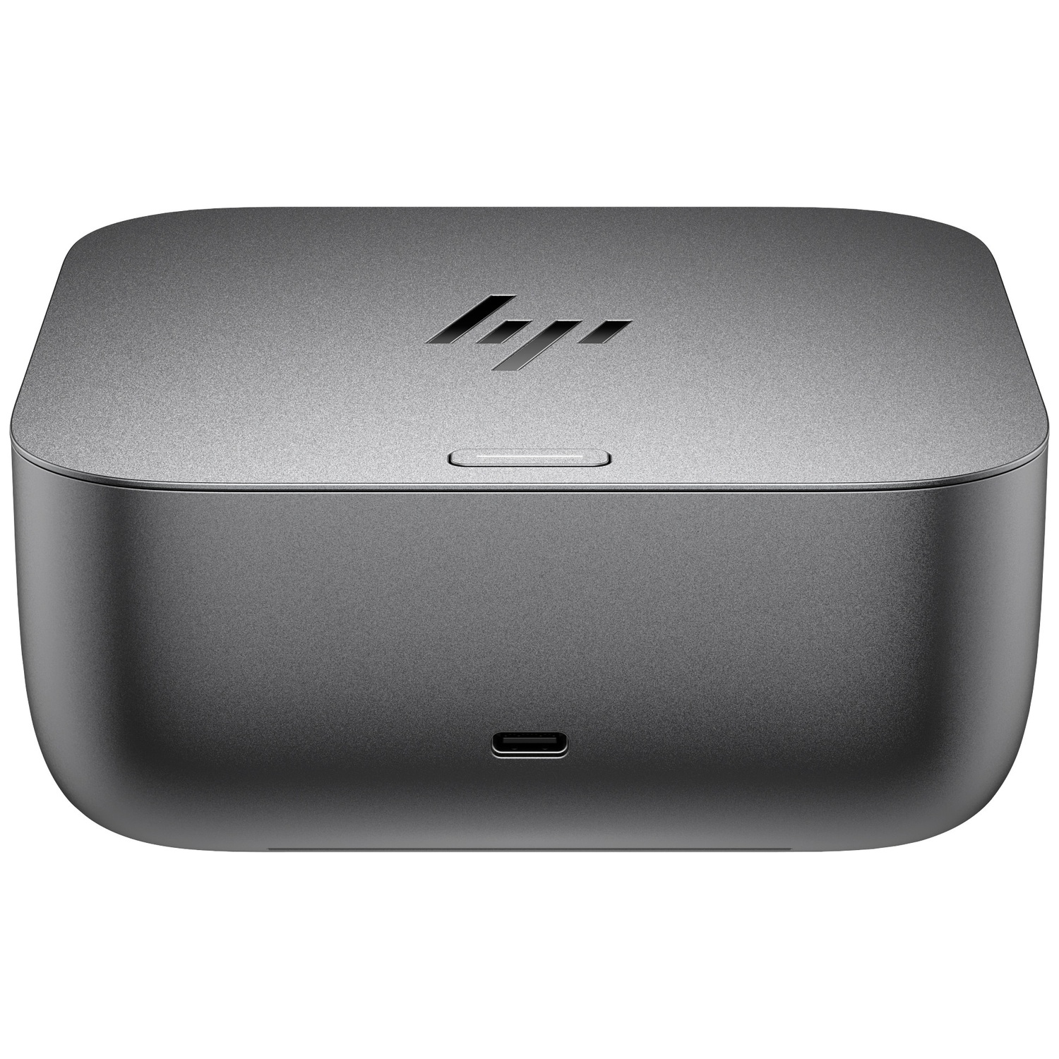 Grijze HP docking station met USB-C poort en HP logo.