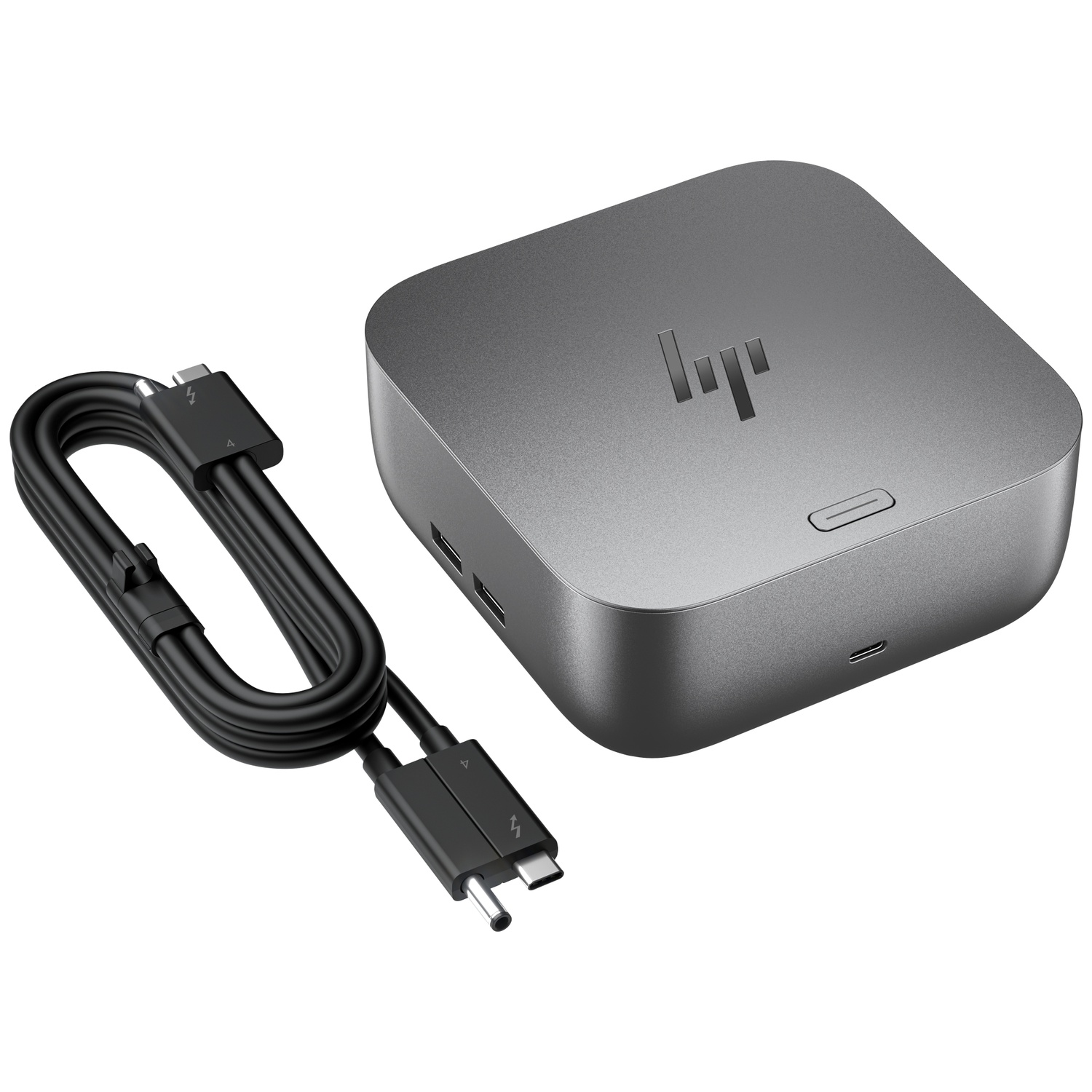 Grijze HP docking station met Thunderbolt-kabel en poorten.