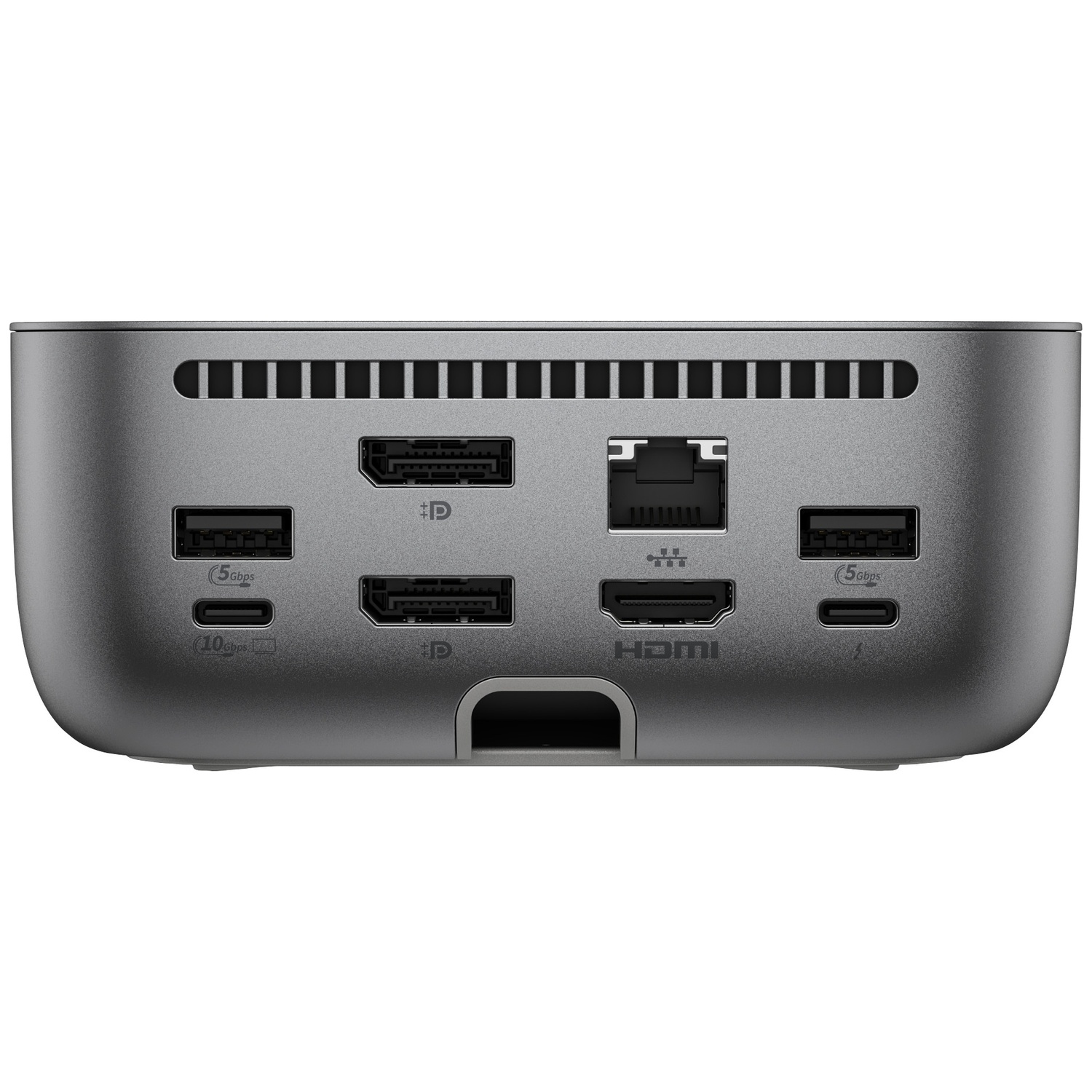 Achterkant van een grijs apparaat met meerdere poorten: USB, Ethernet, HDMI, Thunderbolt.