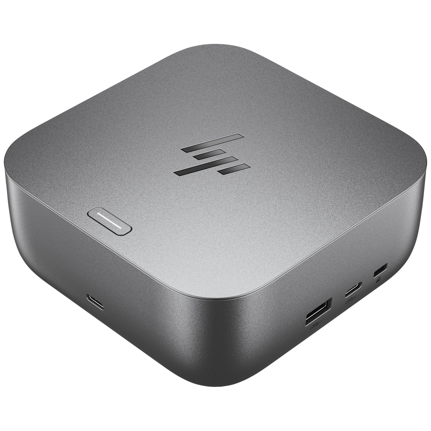 Grijs compact apparaat met HP-logo, USB-poorten en een aan/uit-knop.