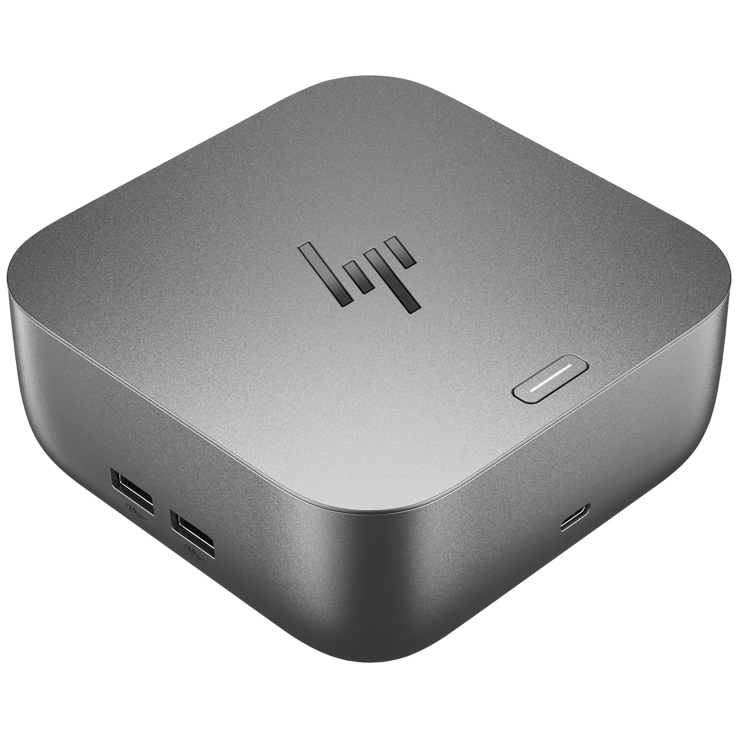 Grijze HP docking station met poorten aan de zijkant en HP-logo bovenop.