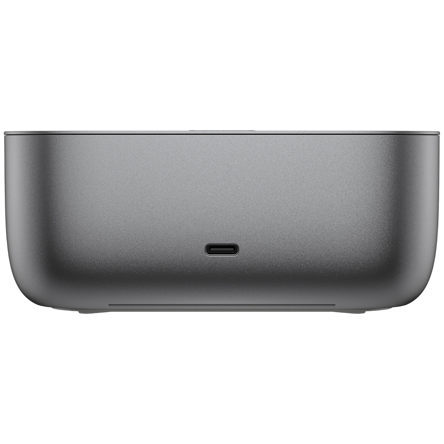 Grijs rechthoekig apparaat met een USB-C-poort aan de voorzijde.
