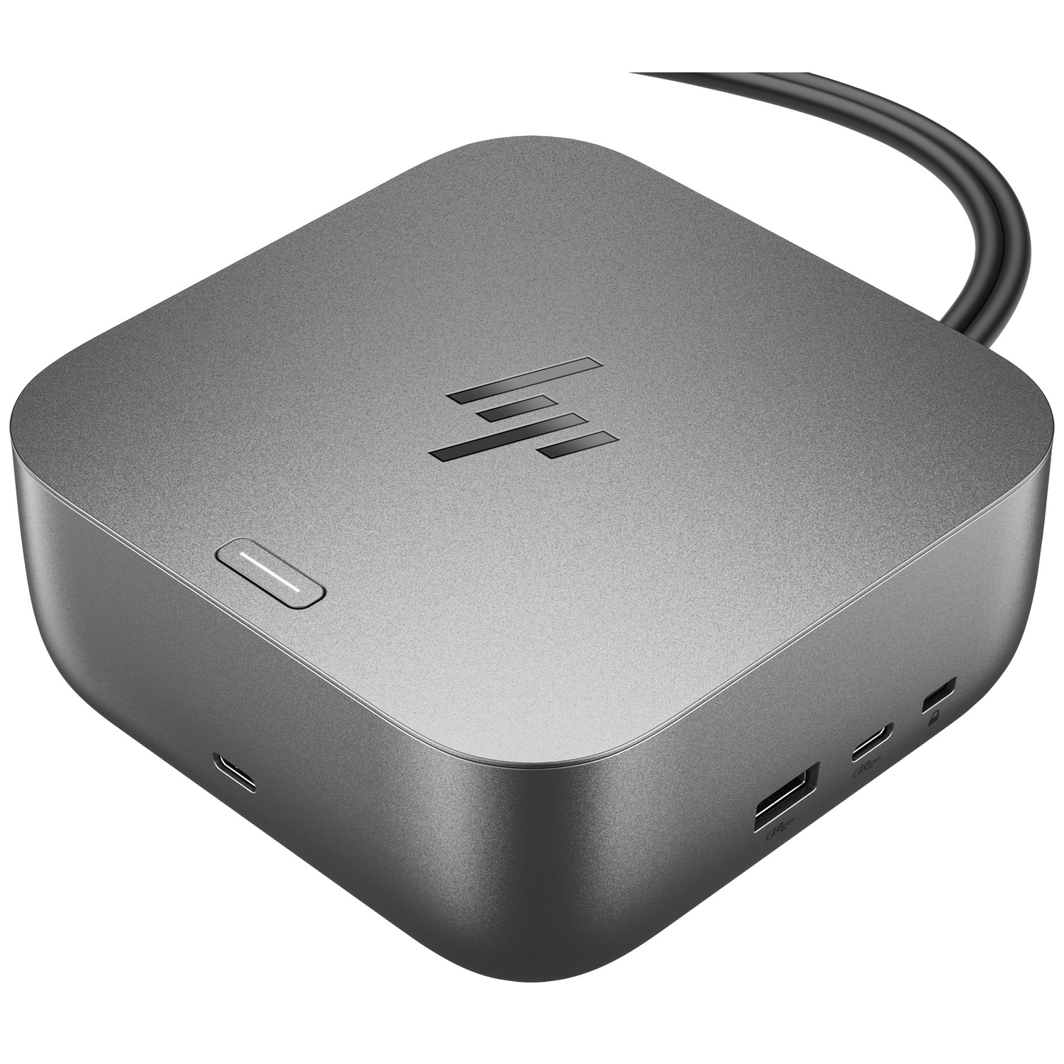 Grijze HP docking hub met poorten en kabel.