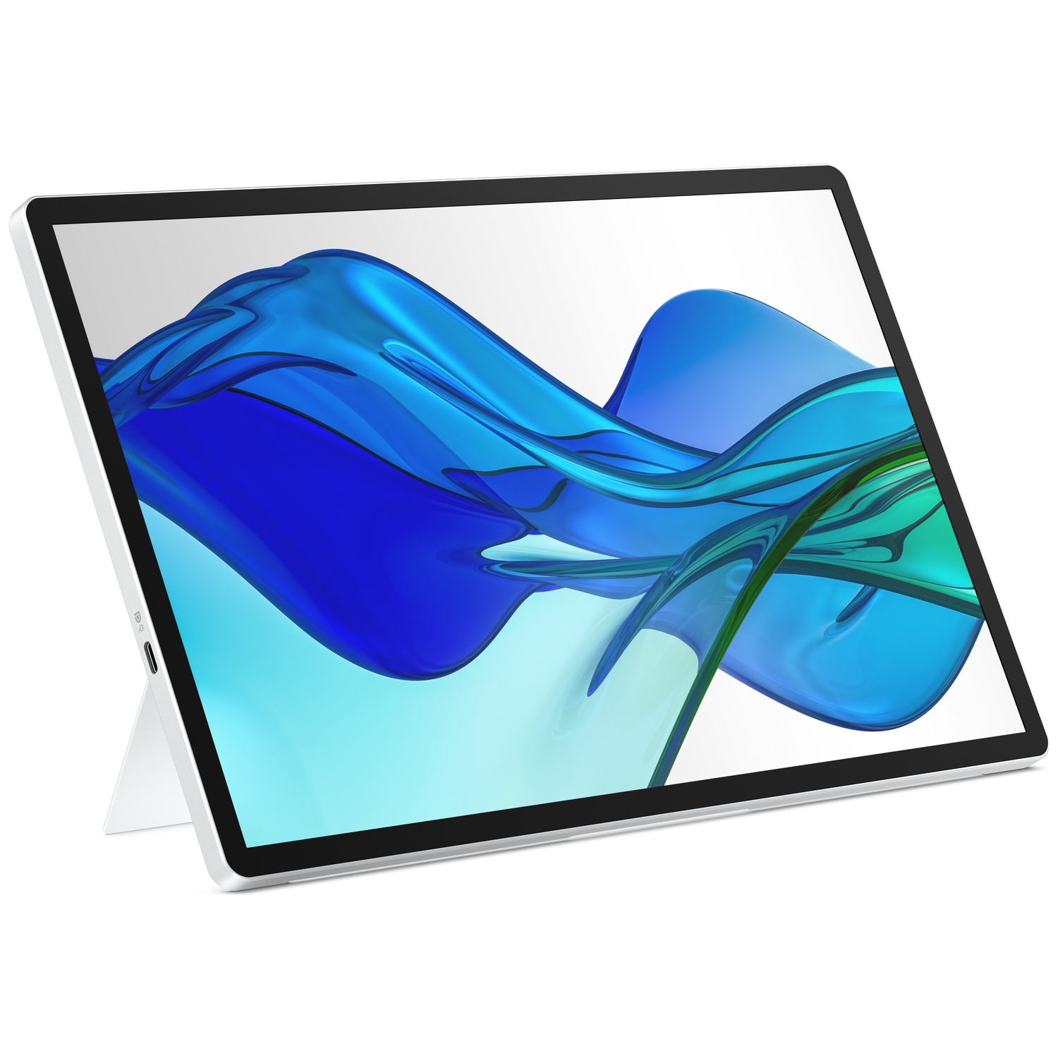 Une tablette blanche affichant une image abstraite bleue et turquoise à l'écran.