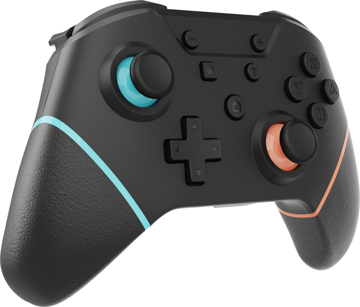 Fekete kontroller kék és narancssárga díszítéssel és joystickokkal.