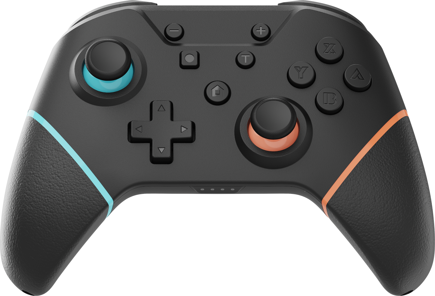 Fekete játékkontroller kék és narancssárga díszítéssel, két joystickkel és gombokkal.