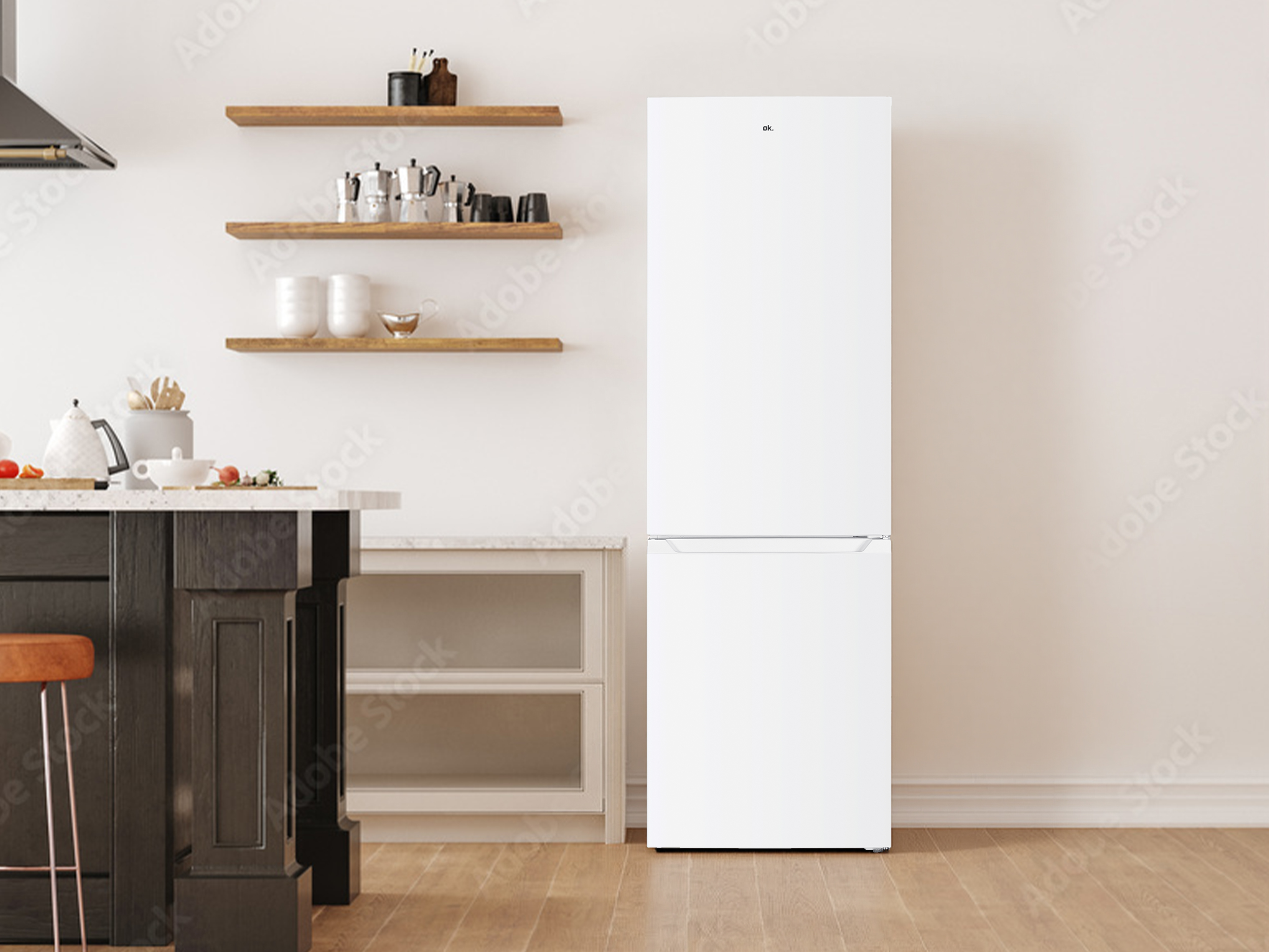 Cocina moderna con electrodomésticos blancos, estantes de madera y gabinetes oscuros.