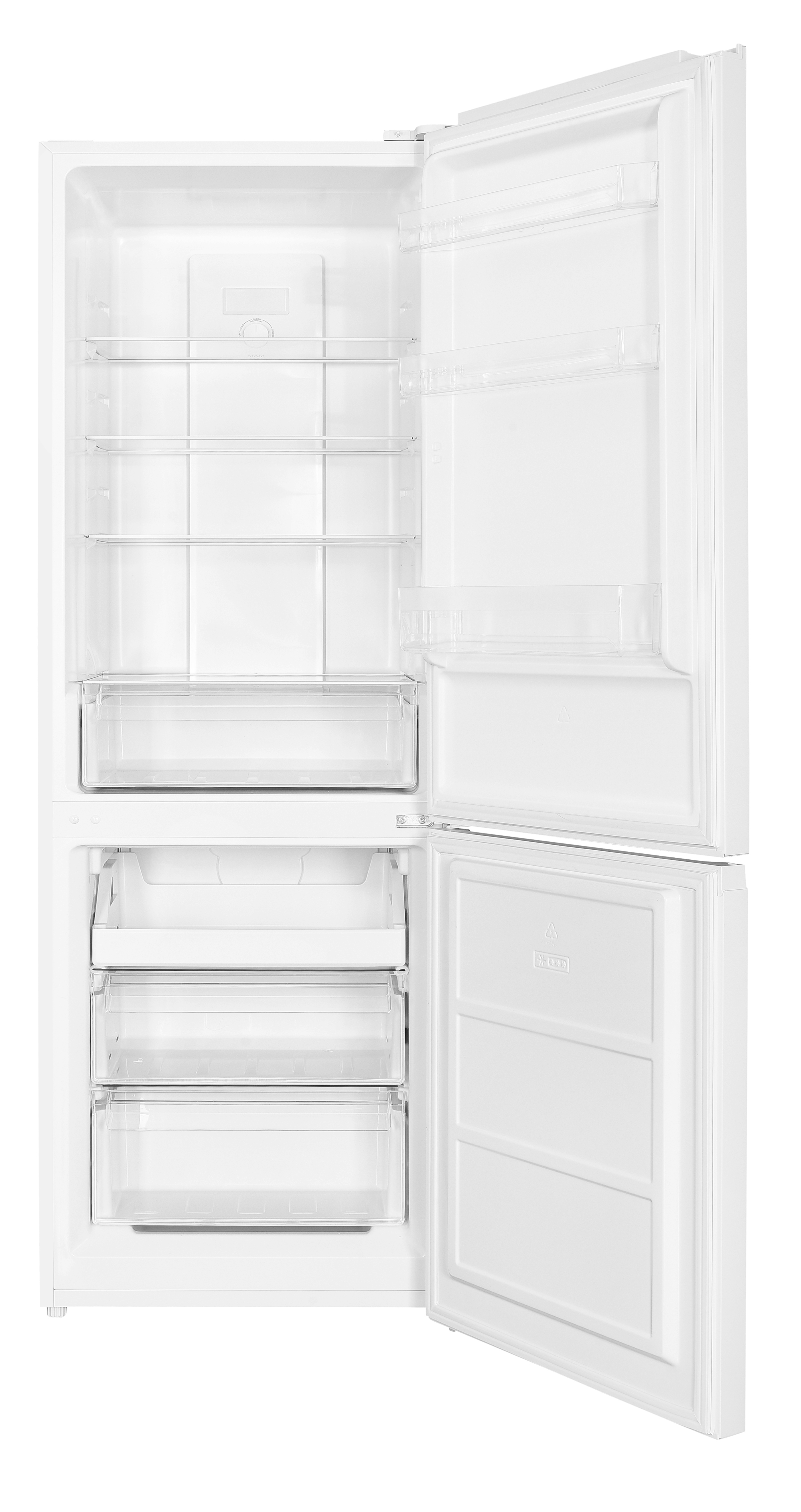 Un refrigerador blanco con puerta abierta, vacío y limpio, con estantes y cajones.