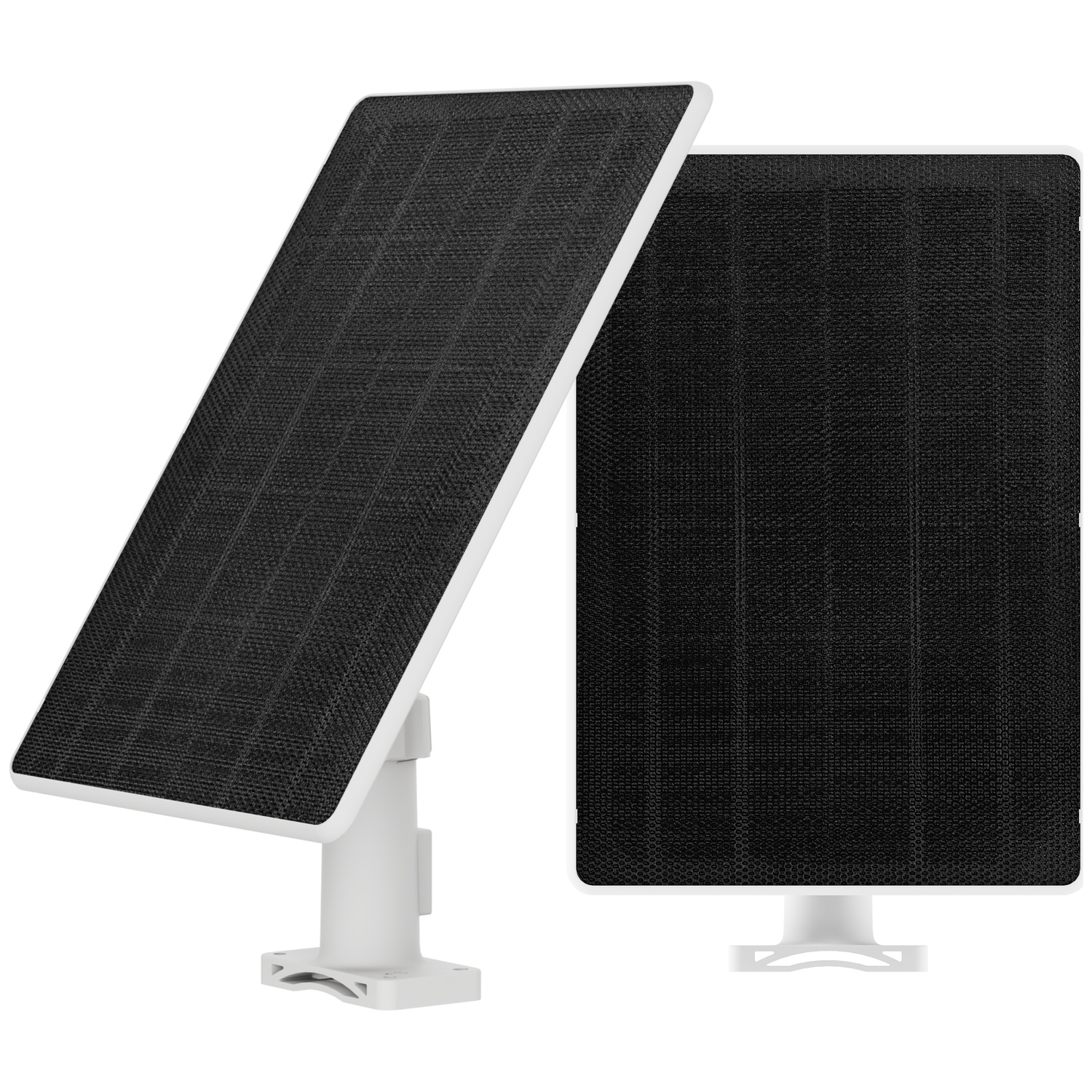 Two white solar panels with black cells, mounted on white brackets.