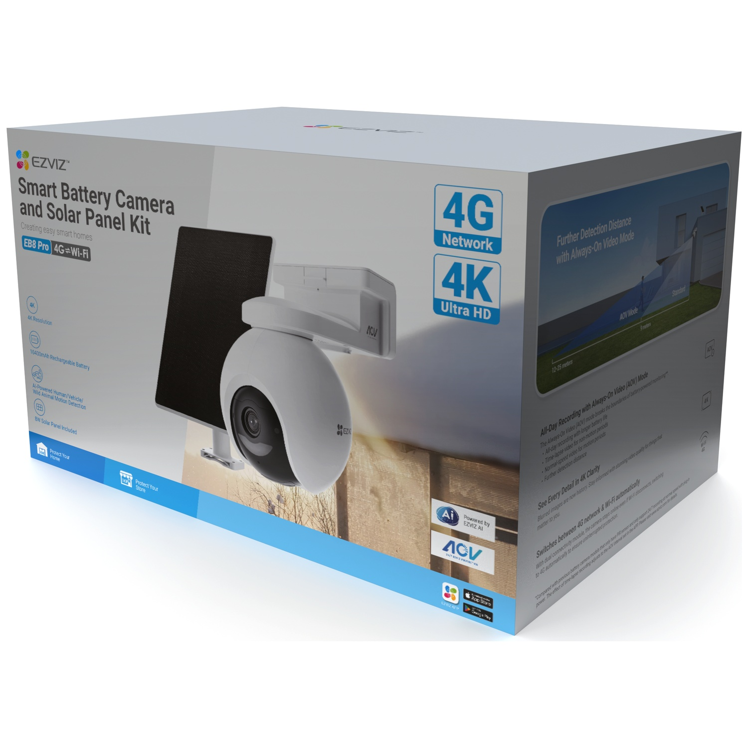 Packaging for an EZVIZ Smart Battery Camera and Solar Panel Kit with 4G.