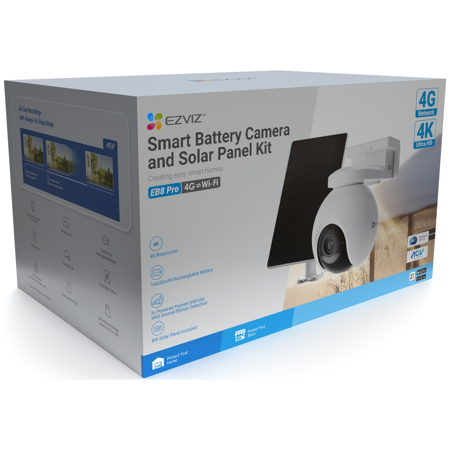 Packaging of an EZVIZ Smart Battery Camera and Solar Panel Kit with 4K resolution.