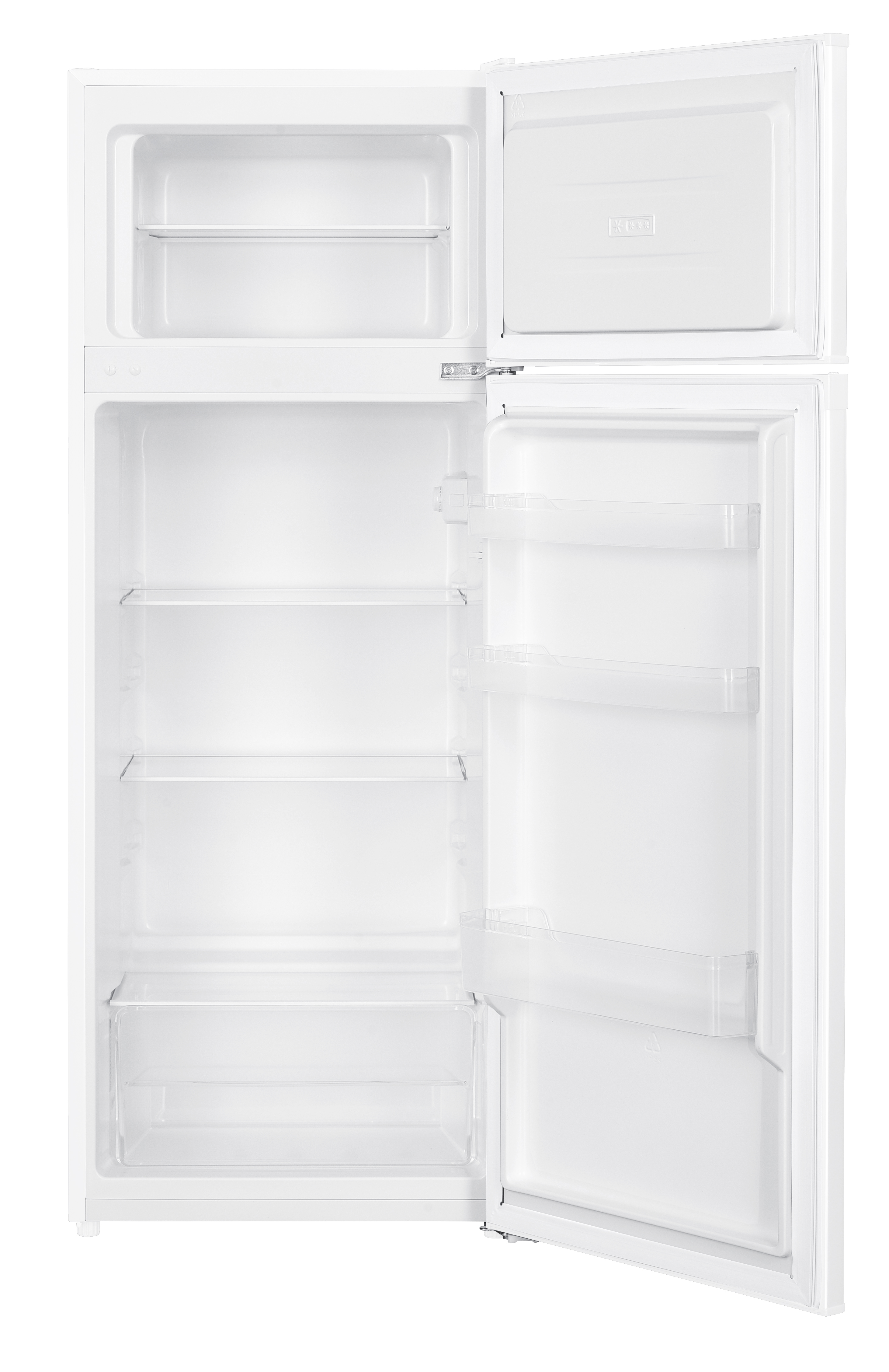 Un refrigerador blanco abierto con múltiples estantes y cajones.