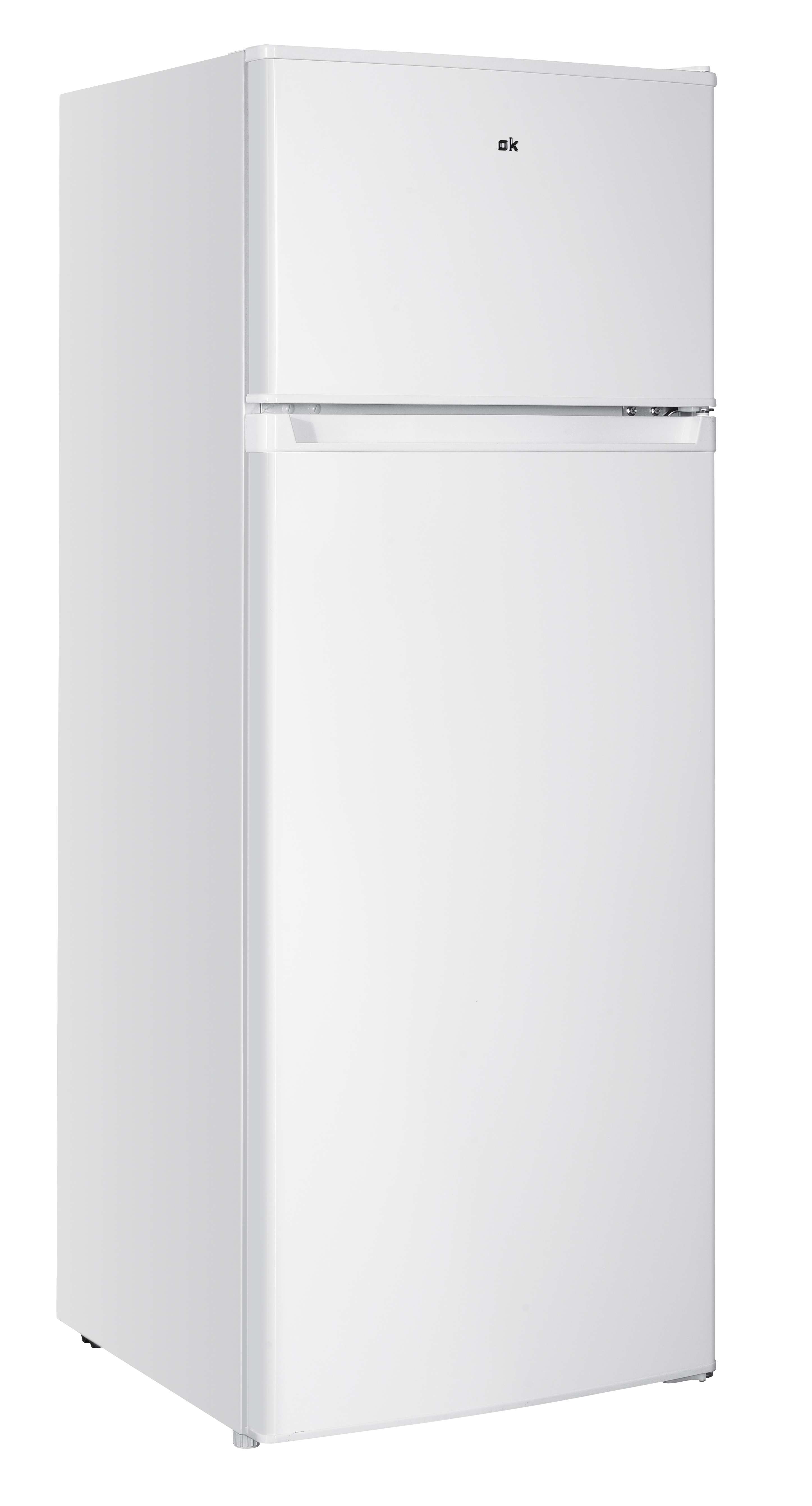 Un refrigerador blanco con congelador superior y el logo "ok".