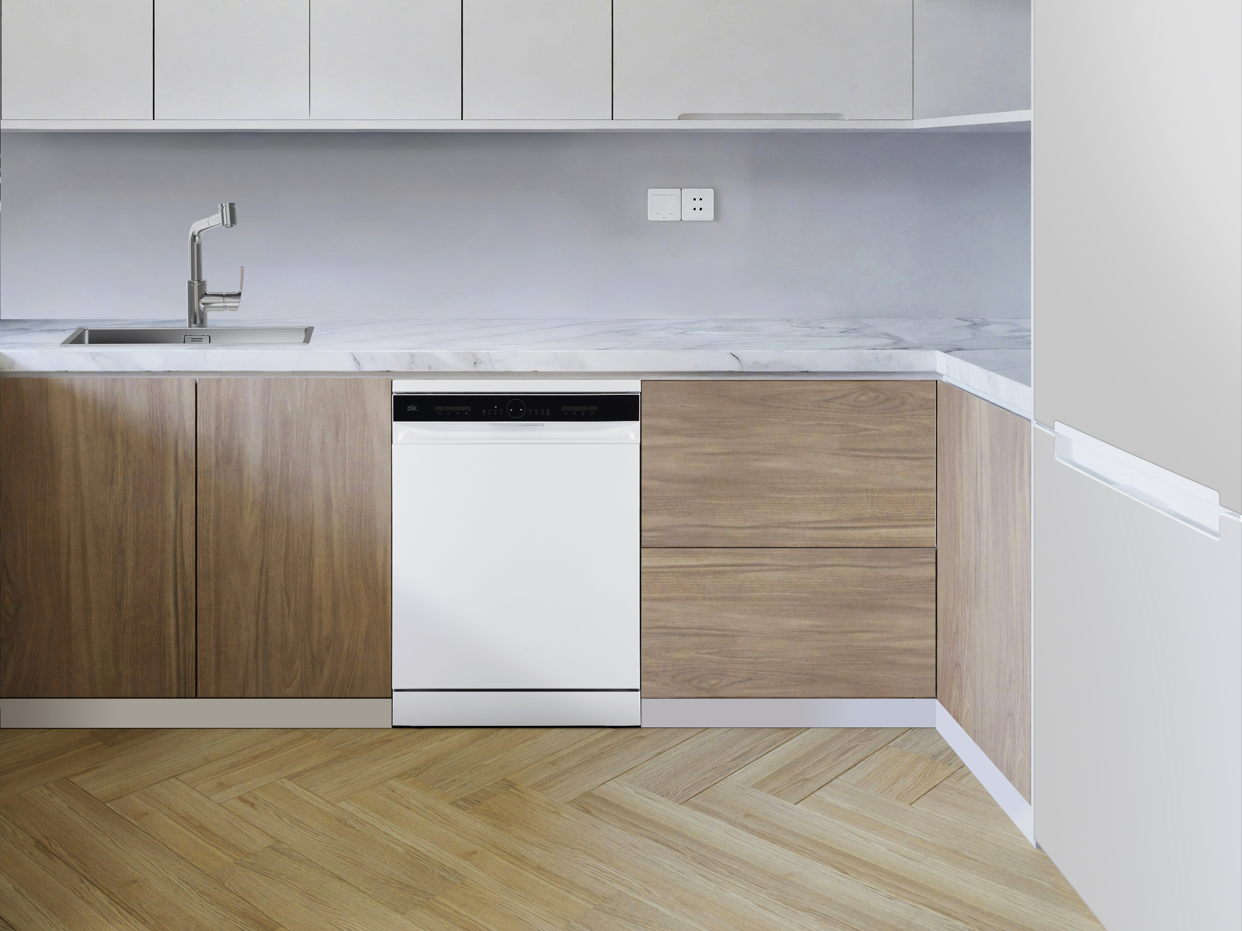 Cocina moderna con gabinetes de madera, fregadero, grifo y lavavajillas.