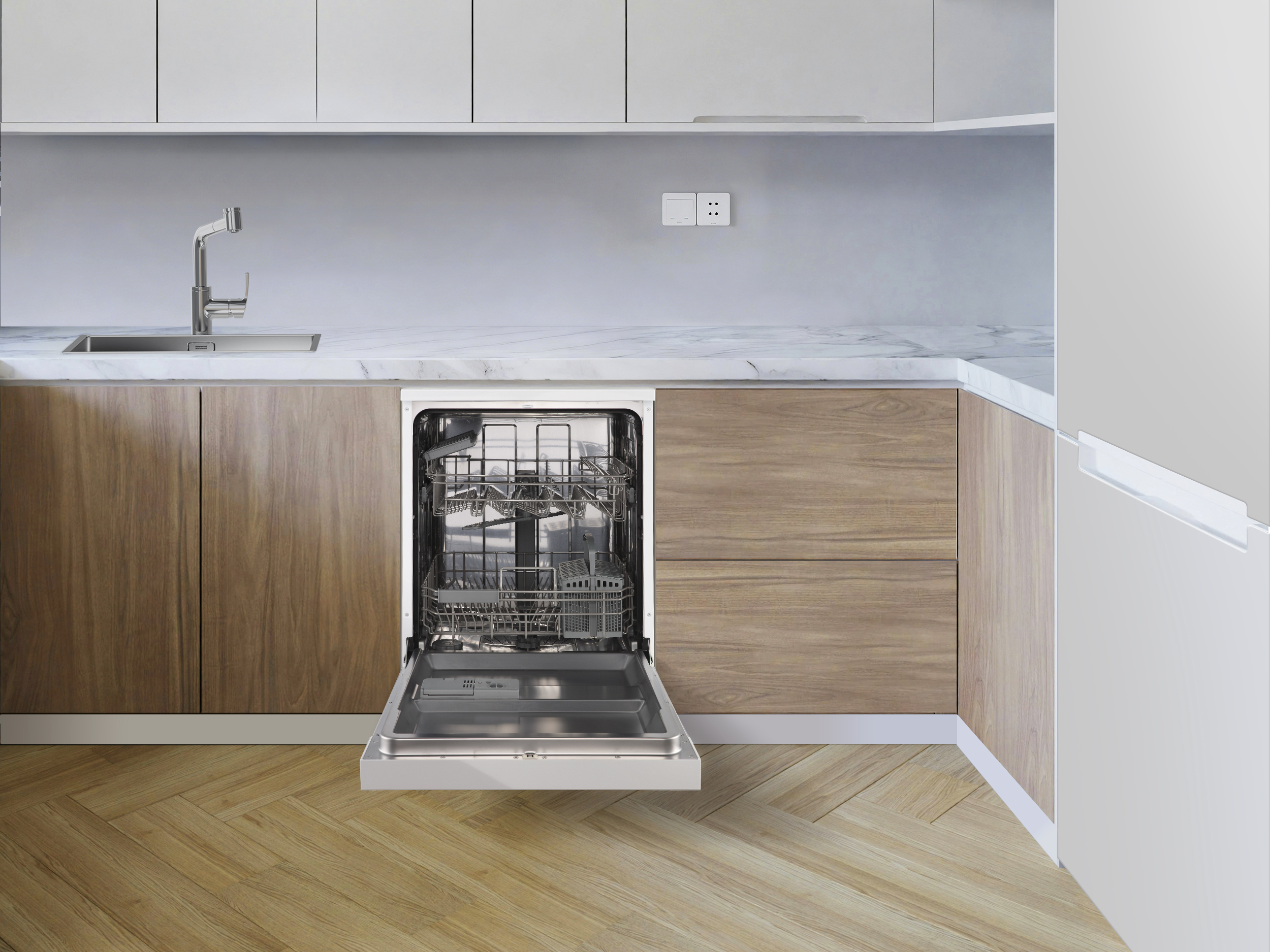 Un lavavajillas abierto en una cocina moderna con detalles de madera.