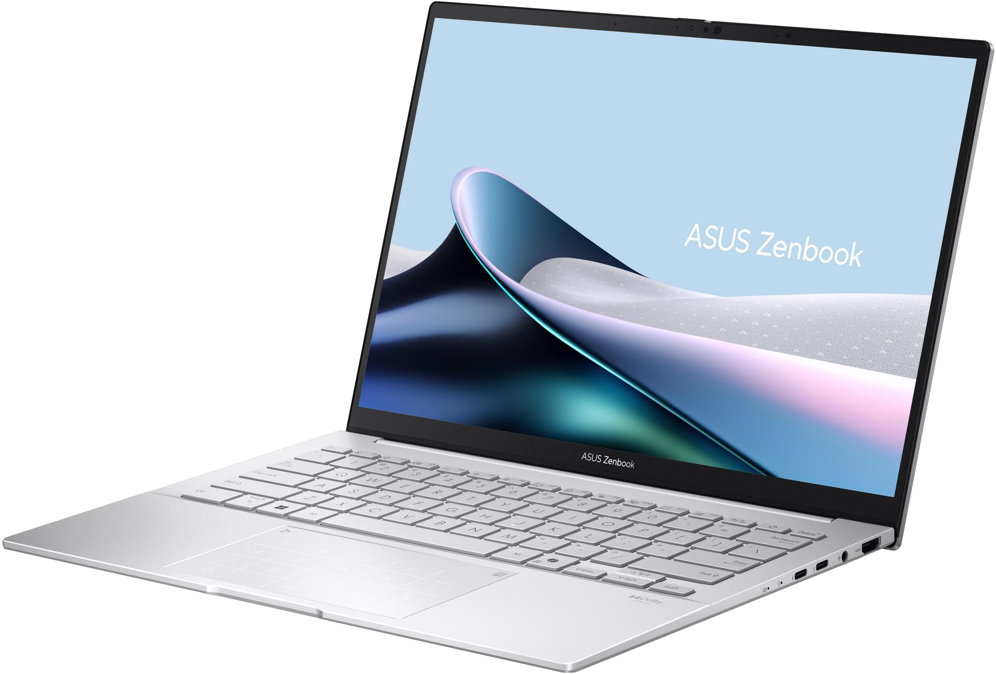Egy nyitott ezüst Asus Zenbook laptop háttérvilágítású billentyűzettel és érintőpaddal.