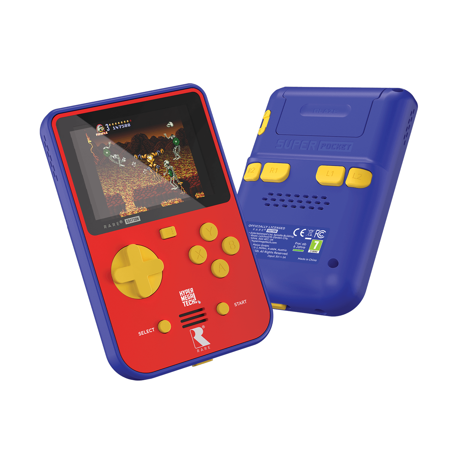 Ein blau-rotes Handheld-Videospielgerät mit gelben Tasten und einem Spiel auf dem Bildschirm.
