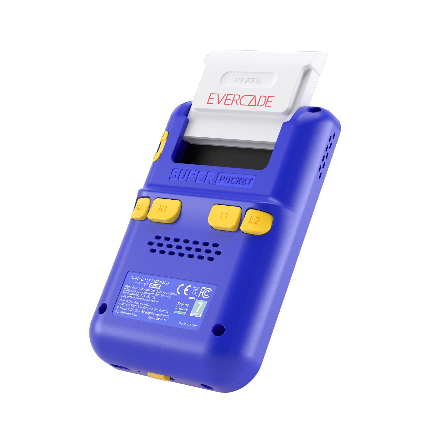 Blauer Handheld-Spieler mit gelben Knöpfen und eingelegter Evercade-Kassette.