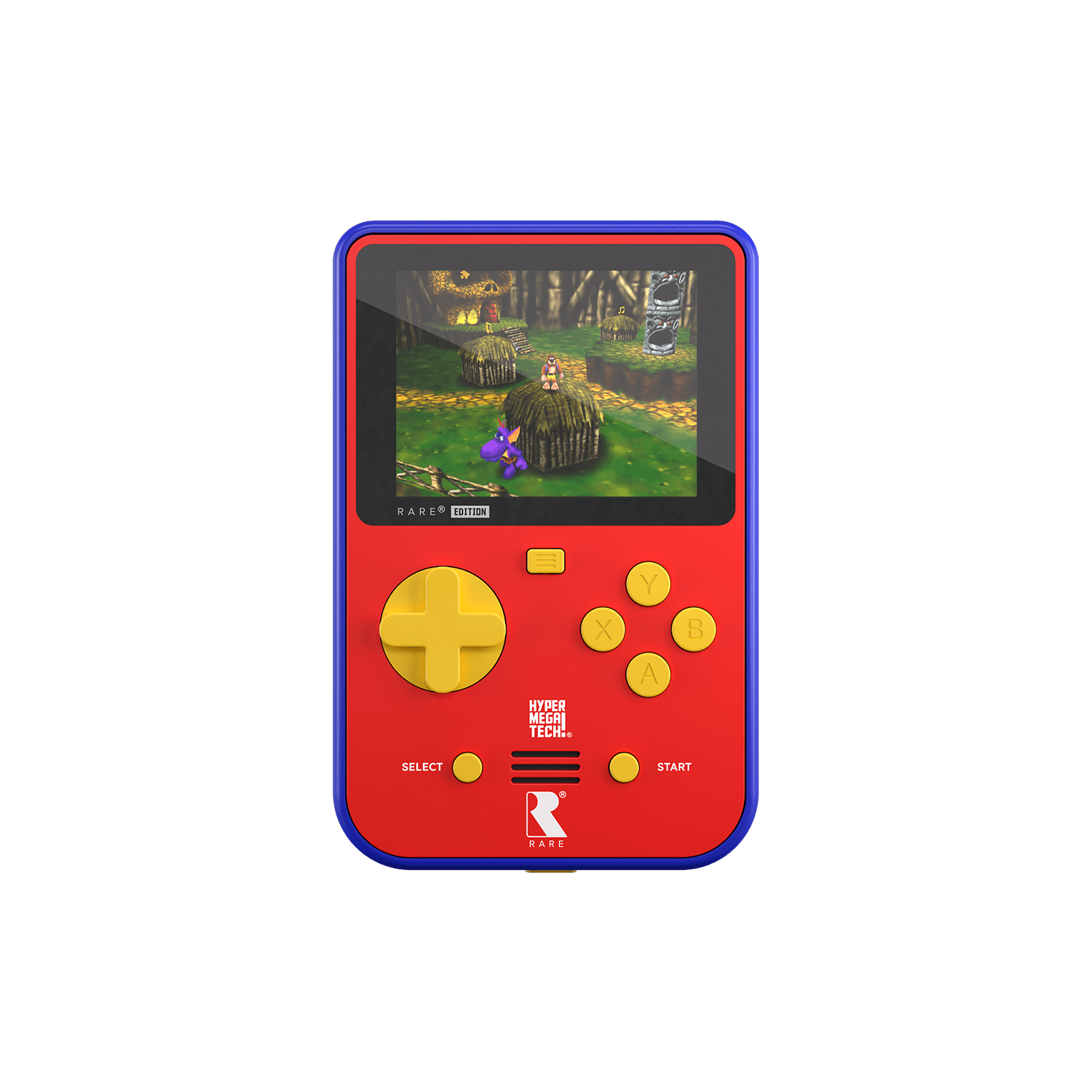 Ein rotes Handheld-Spielgerät mit einem blauen Rand, das ein Videospiel zeigt.