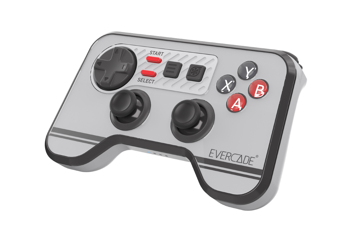 Grauer Gamecontroller mit zwei Joysticks, D-Pad, vier Knöpfen und START/SELECT.