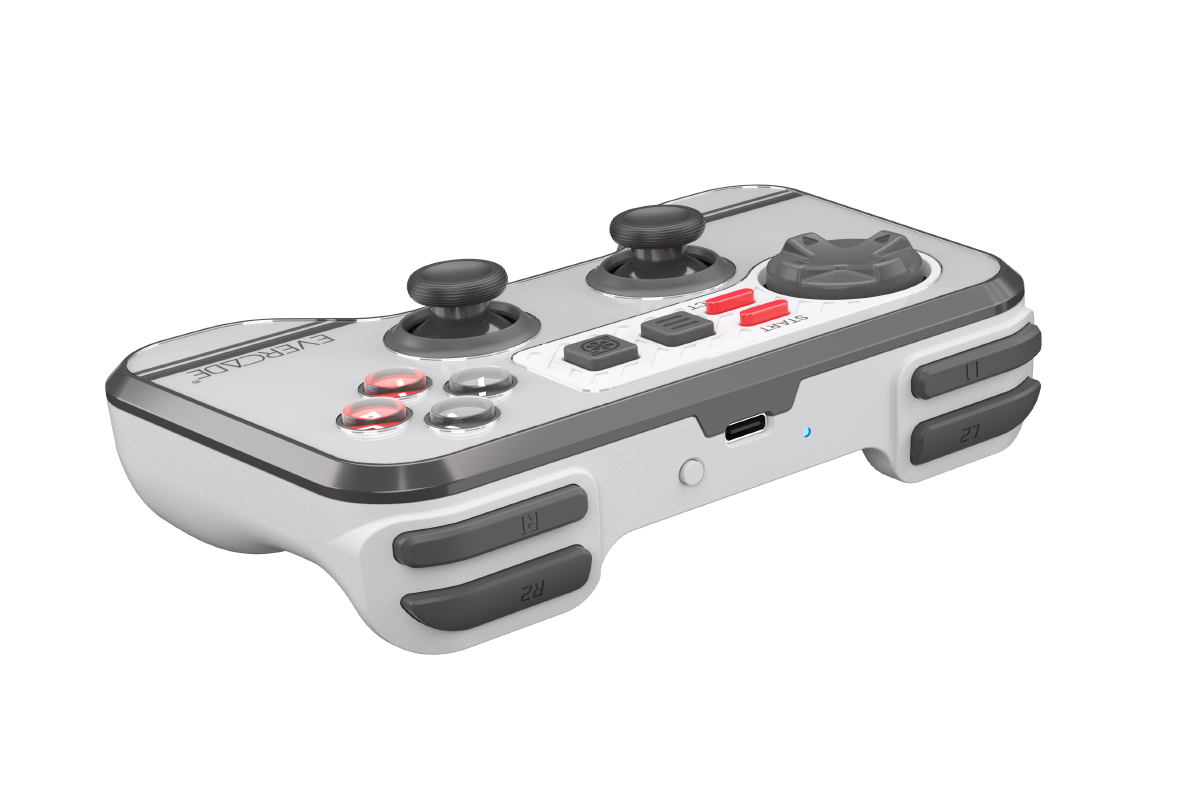 Weißer und grauer Gamecontroller mit zwei Joysticks und roten Knöpfen.