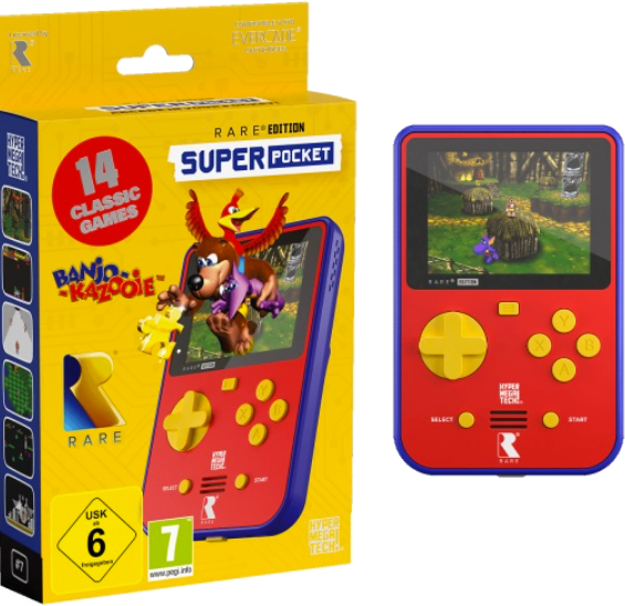 Rote Handheld-Konsole mit gelben Tasten und Banjo-Kazooie-Motiv auf der Verpackung.