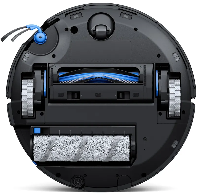 Parte inferiore di un robot aspirapolvere con spazzole, ruote e accenti blu.