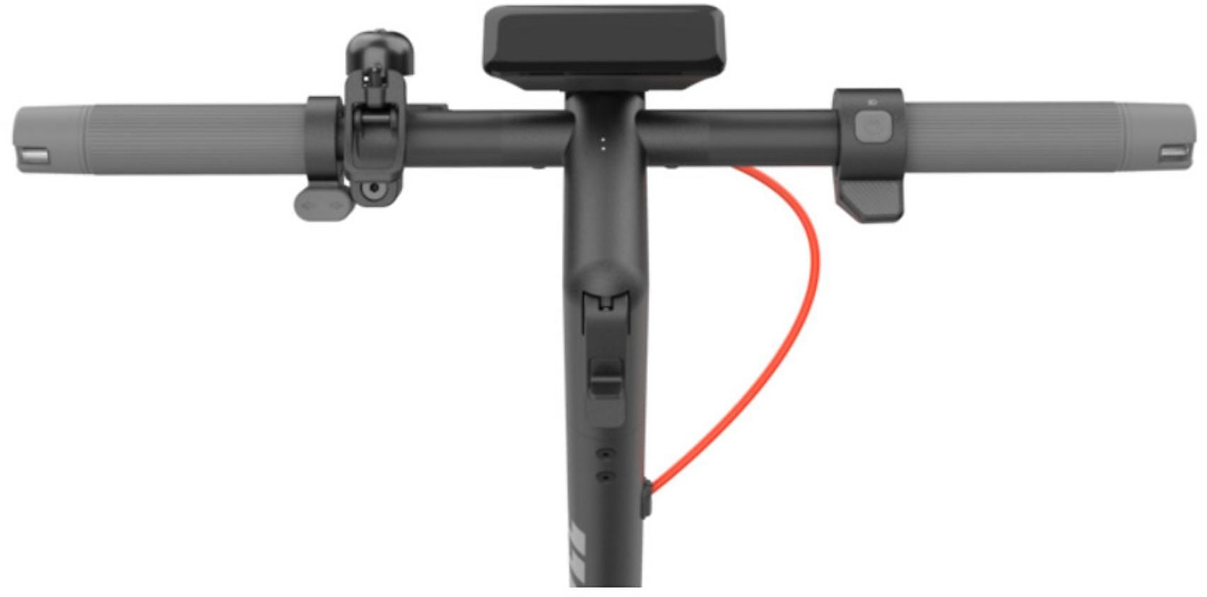 Nahaufnahme des Lenkers eines Elektrorollers mit Display und rotem Kabel.