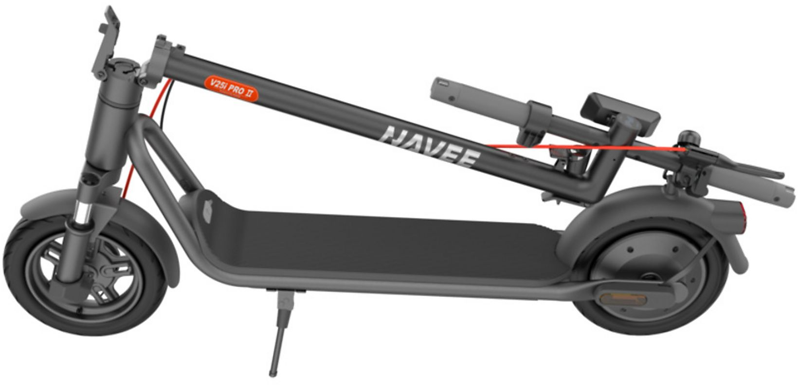 Ein graues Elektro-Scooter mit "NAVE" und "V25I PRO II" Aufschriften, auf weißem Hintergrund.