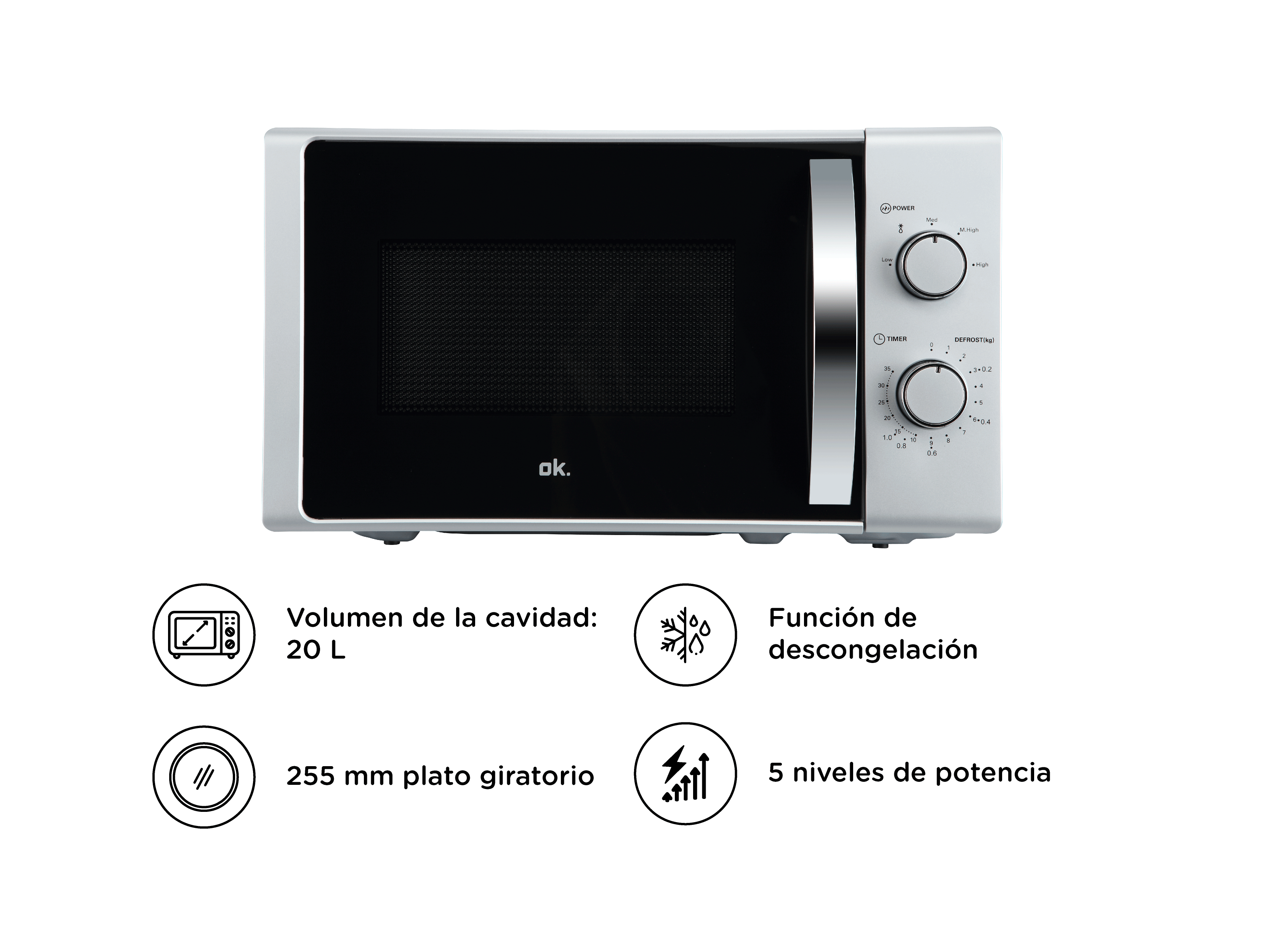 Un horno de microondas plateado con puerta y panel de control negros y un asa cromada.