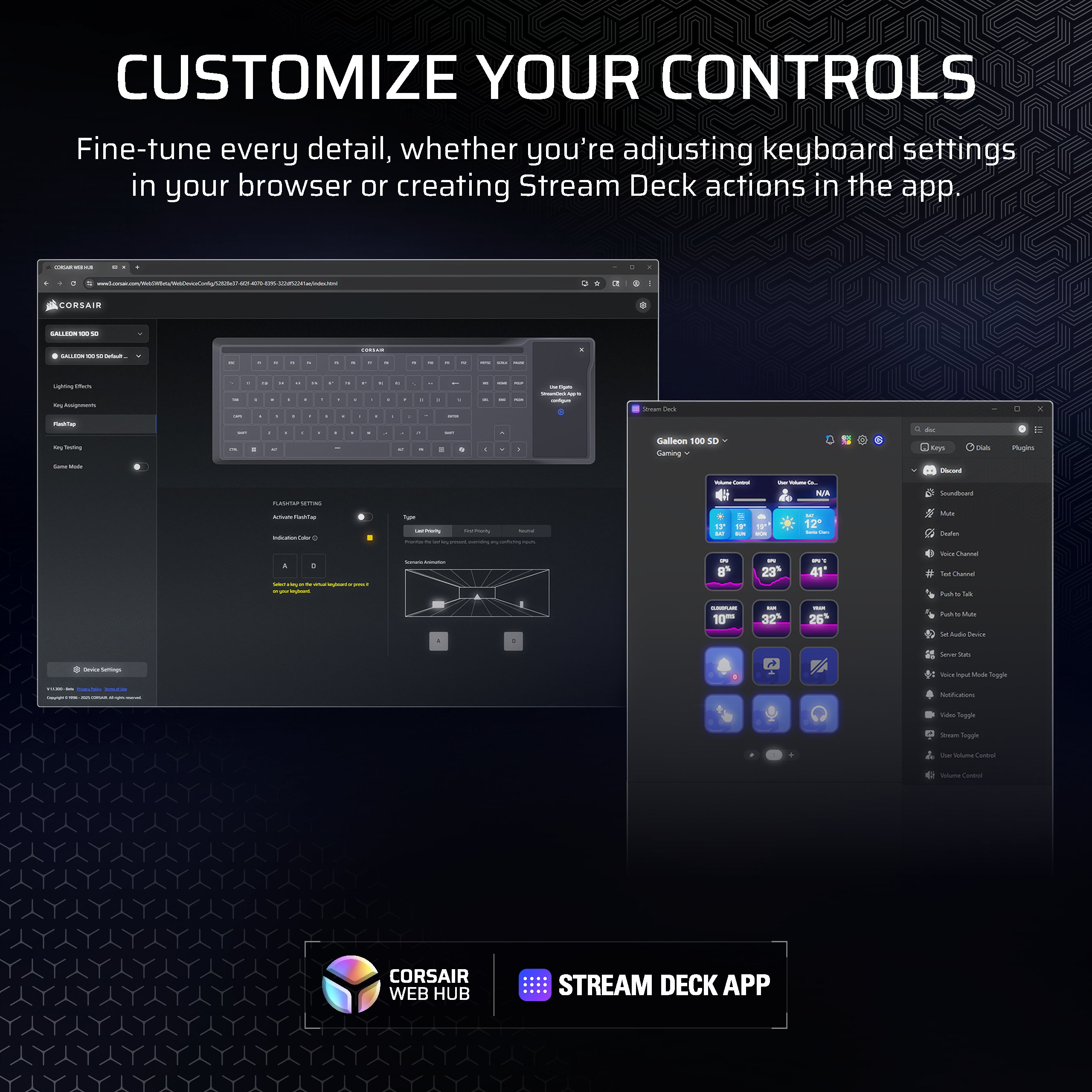 Bildschirmansicht: Corsair Web Hub und Stream Deck App zeigen Tastatur- und App-Einstellungen.