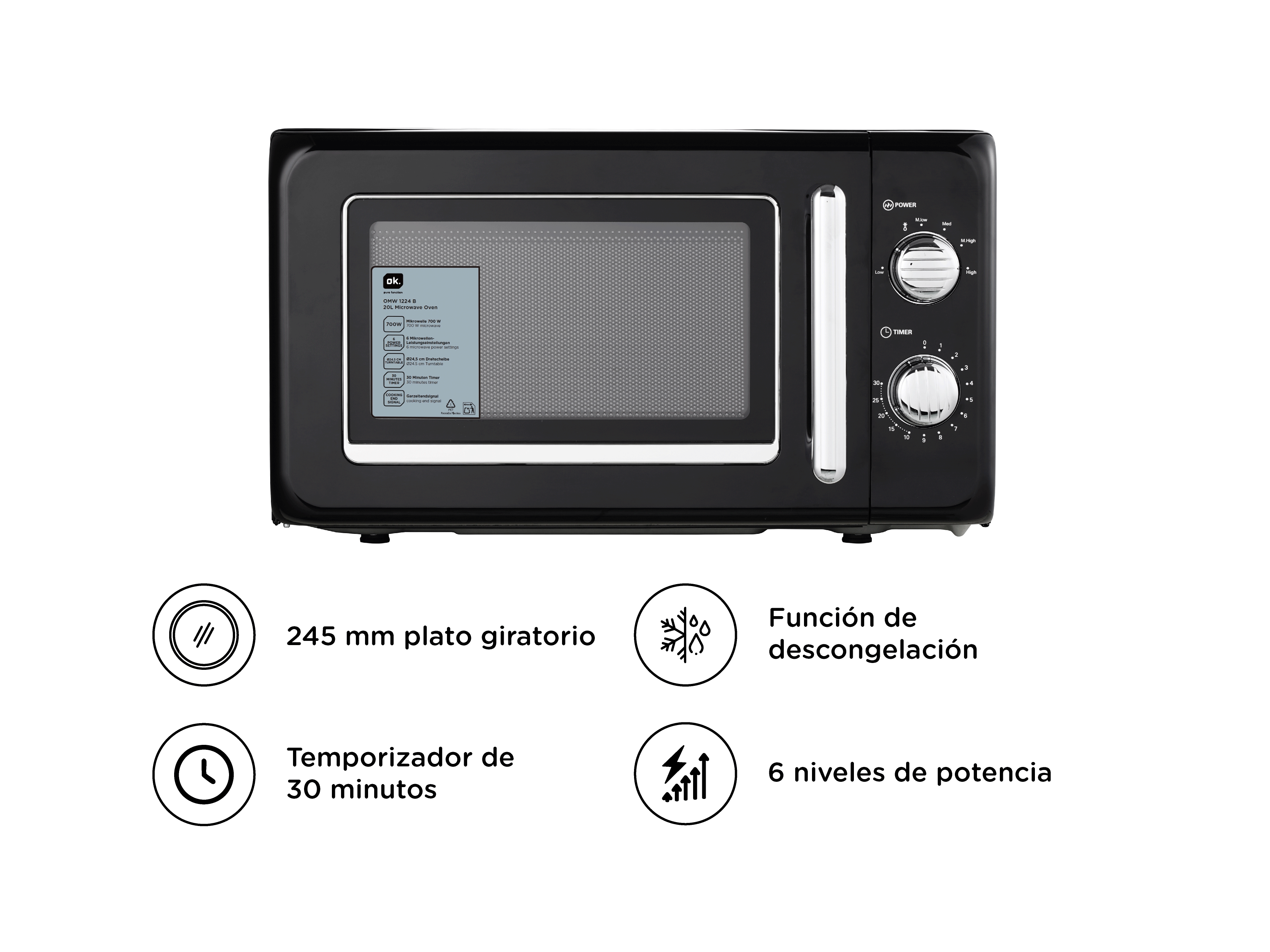 Microondas negro de 20L, 700W, 6 niveles, temporizador 30 min, plato giratorio.