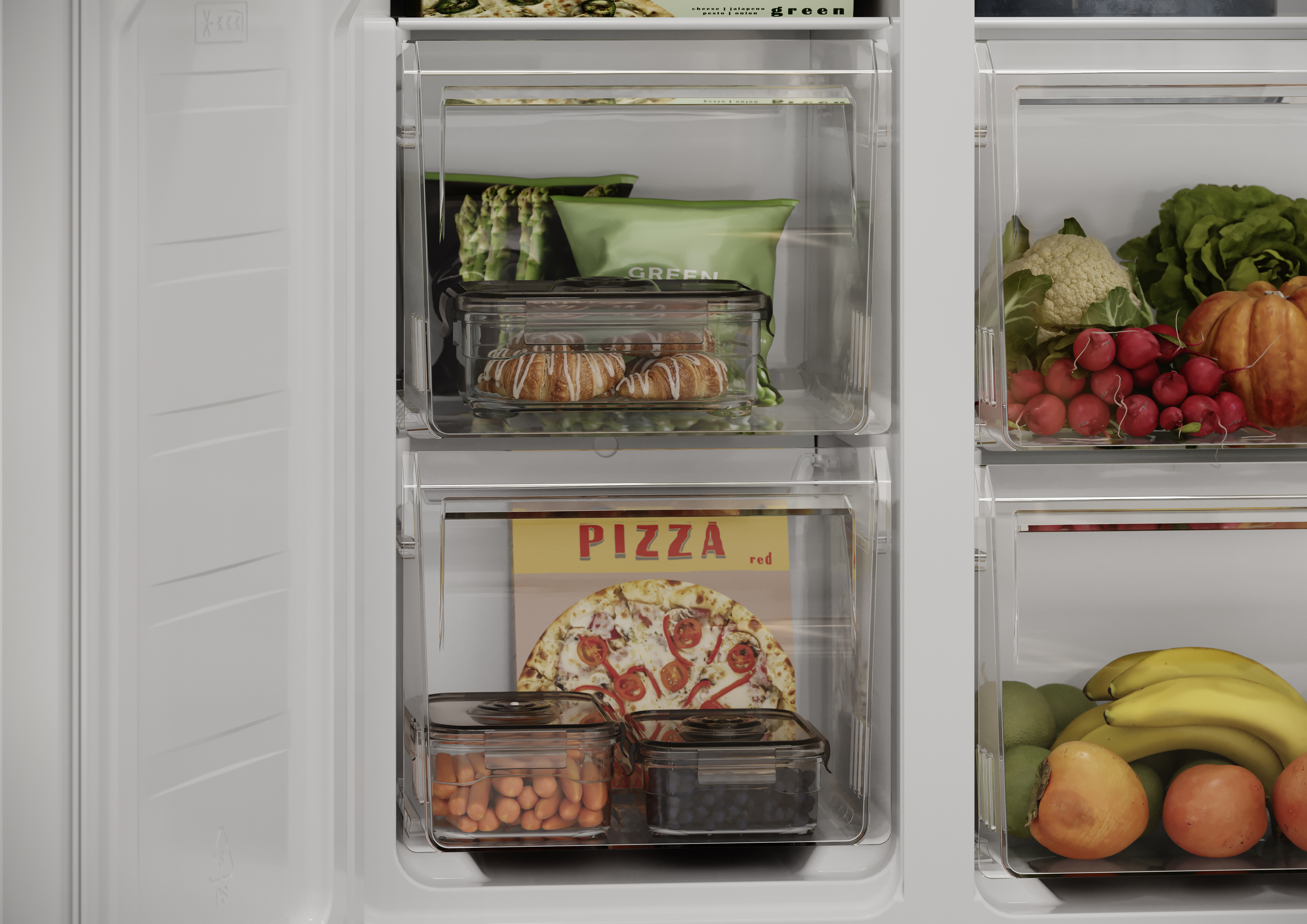 Congelador con alimentos: verduras, pizza, cruasanes y fruta.