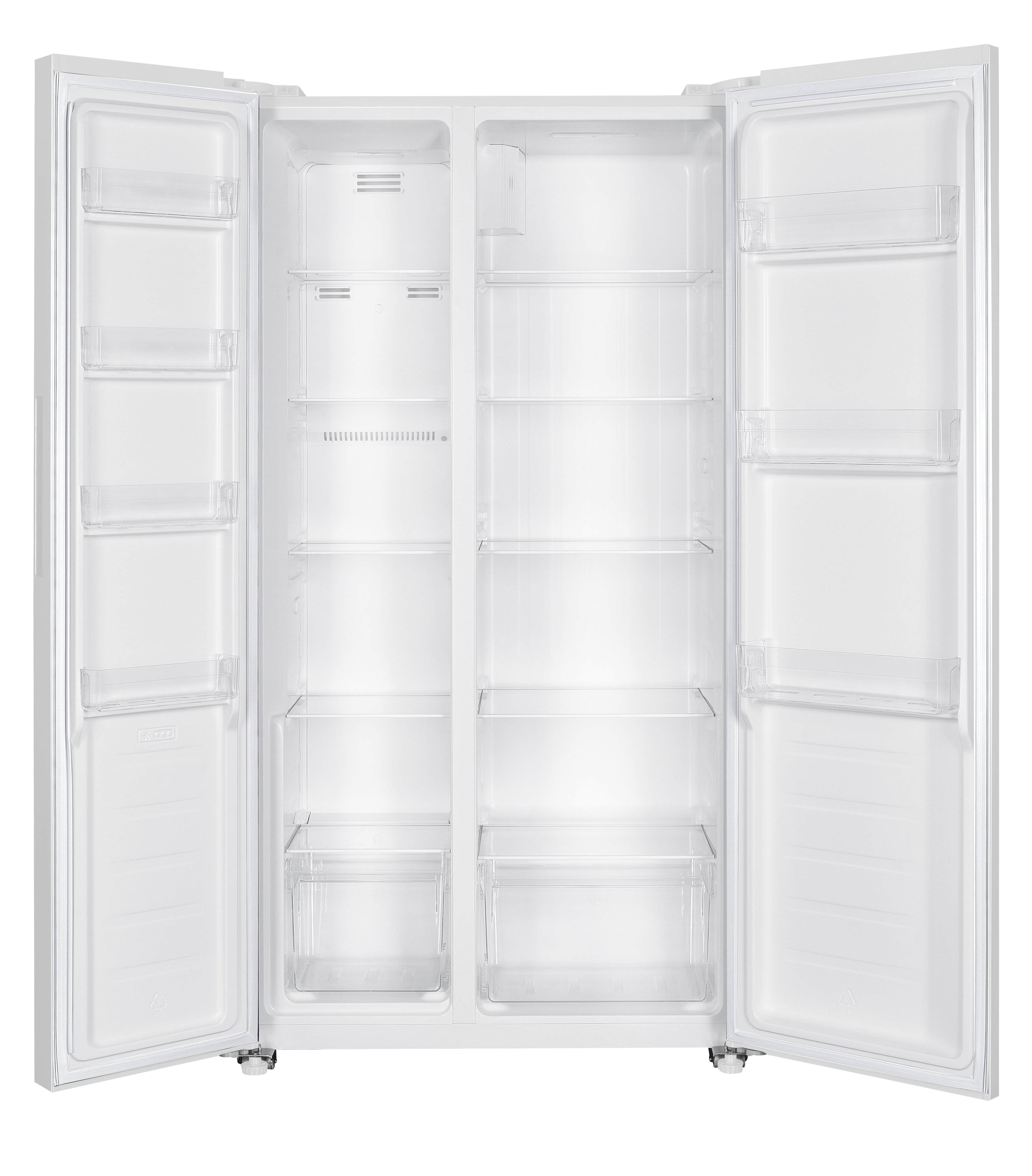 Un refrigerador blanco vacío con puertas abiertas, mostrando estantes transparentes.