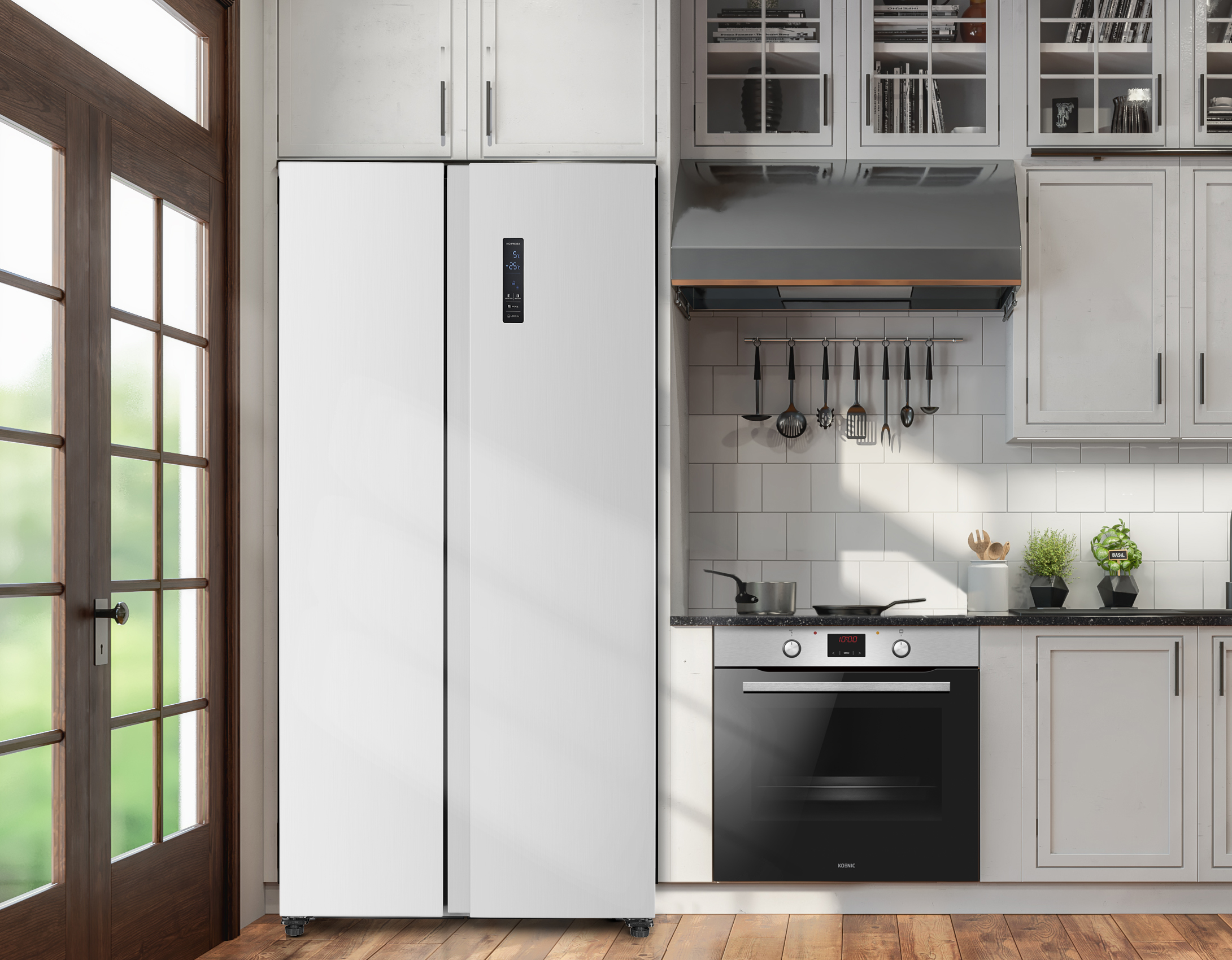 Una puerta de cocina blanca junto a un refrigerador y horno blancos.