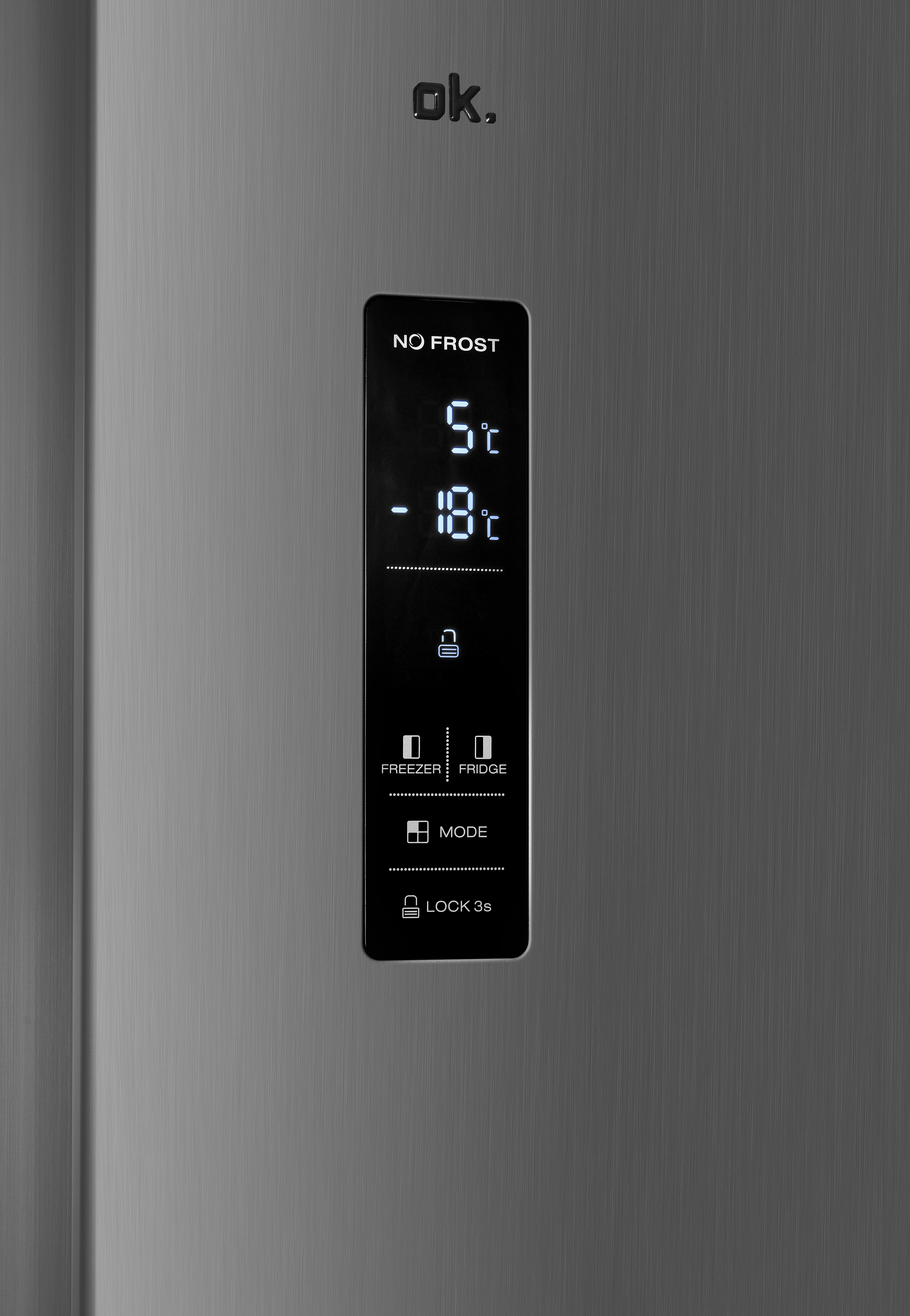 Elegante pantalla de frigorífico muestra 5°C y -18°C, con iconos de congelador, frigorífico, modo y bloqueo.