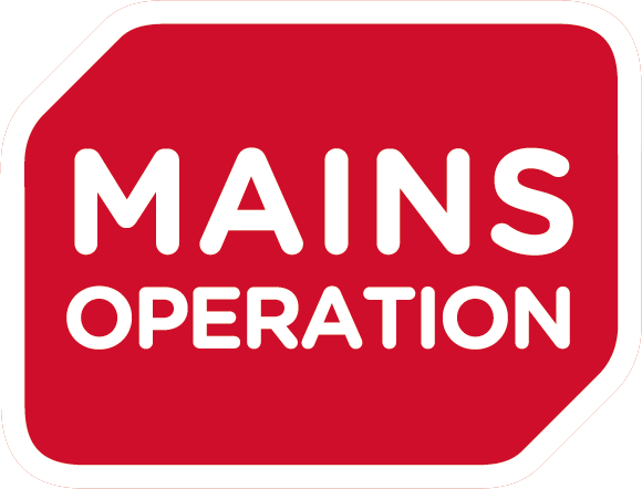 Czerwony znak z białym napisem: MAINS OPERATION.