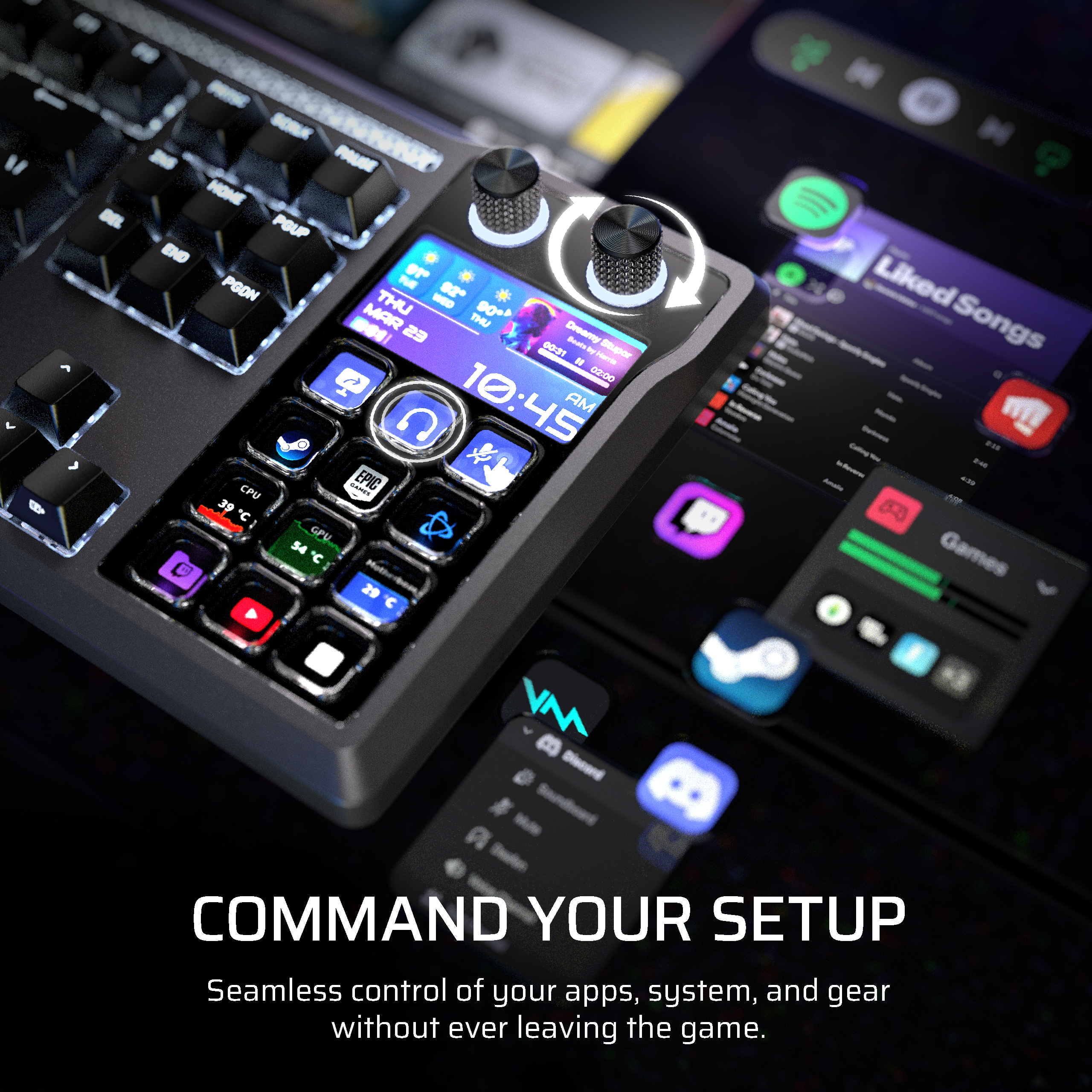 Tastatur mit beleuchteten Tasten und integriertem Bildschirm zeigt Apps und Zeit.