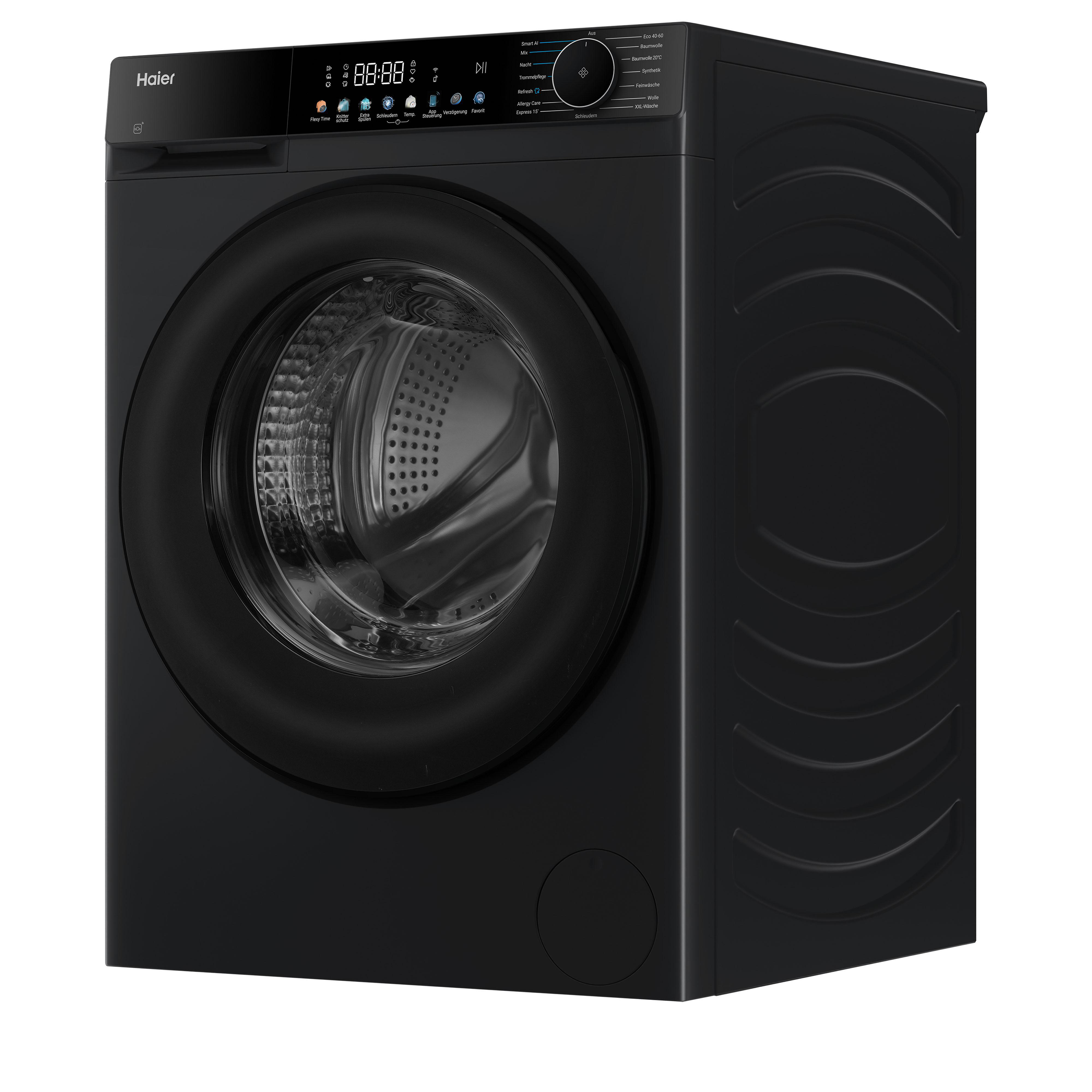 Schwarze Waschmaschine mit digitaler Anzeige und Bedienfeld. Vorderansicht.