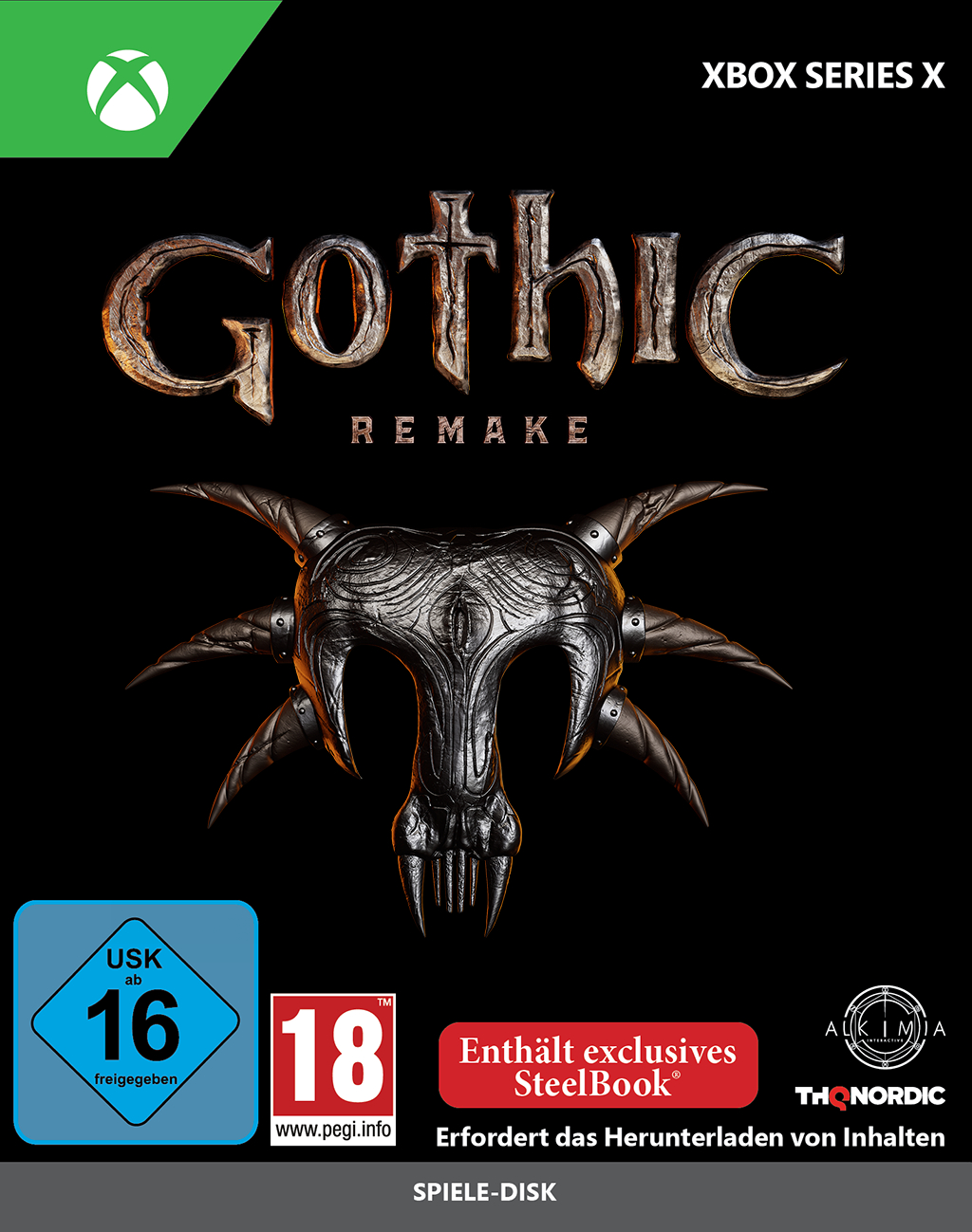 Gothic Remake Steelbook für Xbox Series X mit USK 16 und PEGI 18 Siegeln.
