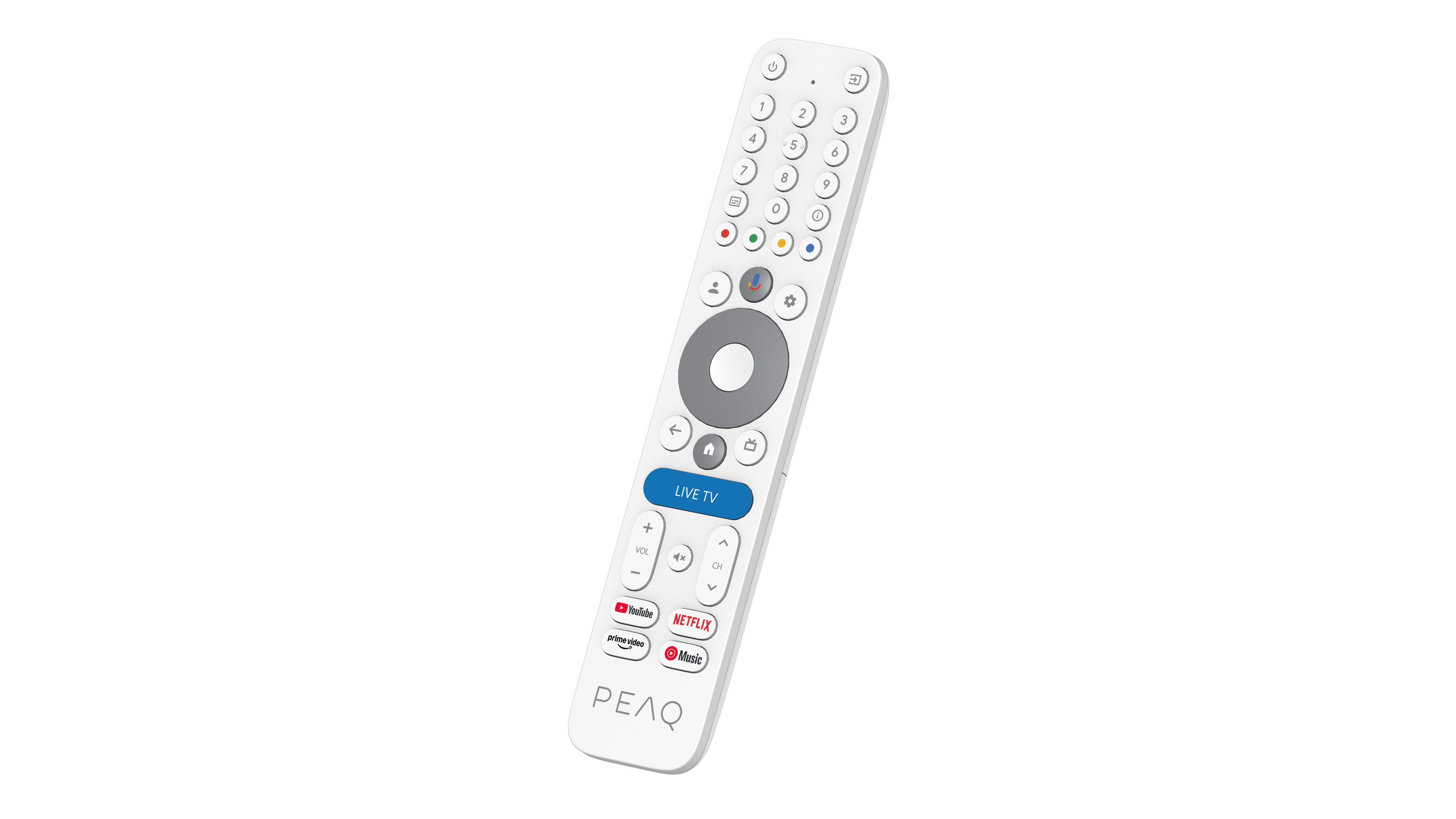 Biały pilot z przyciskami do telewizji na żywo, YouTube, Netflix i Muzyka.