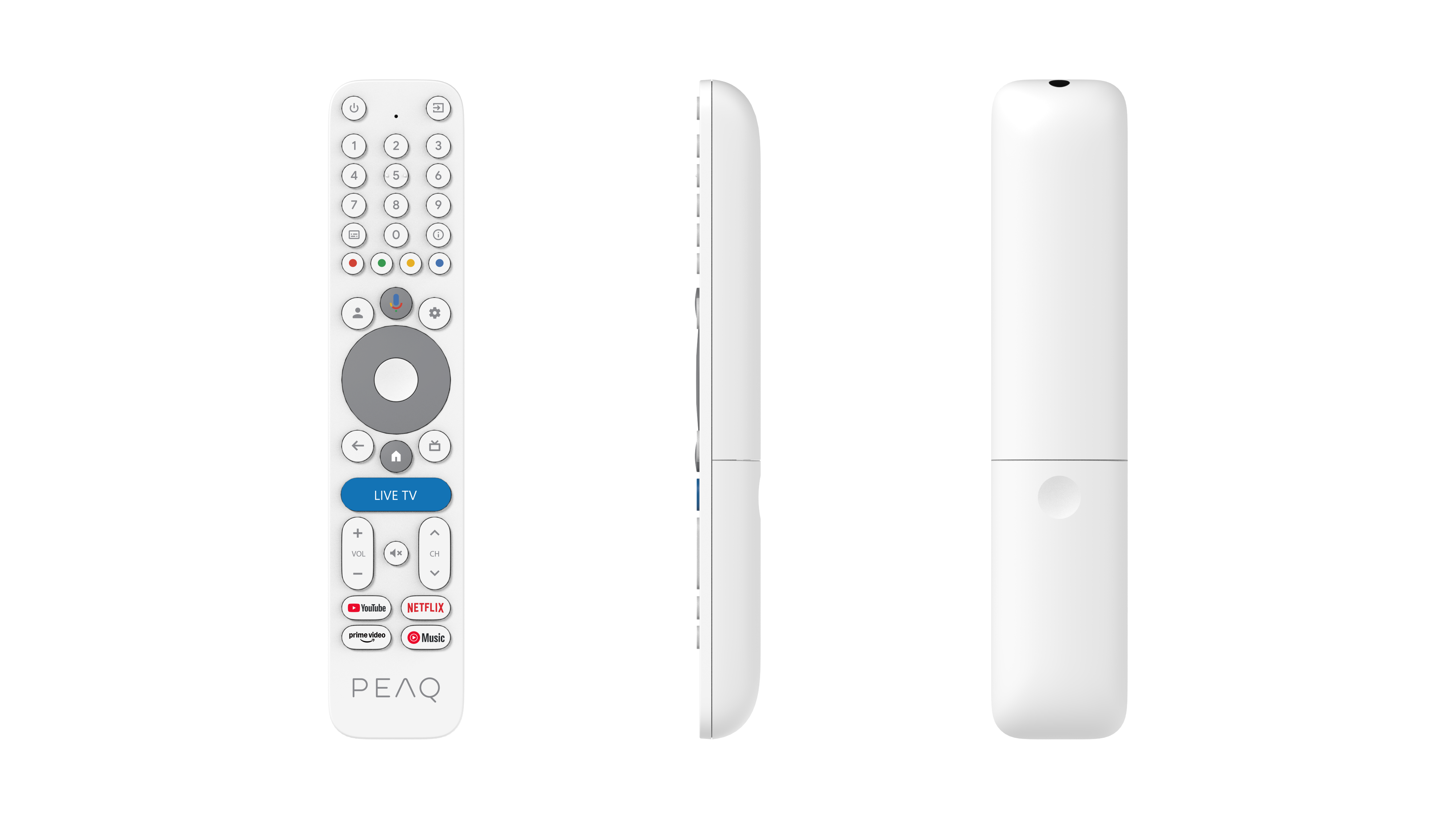 Biały pilot do Smart TV z przyciskami i ikonami aplikacji.