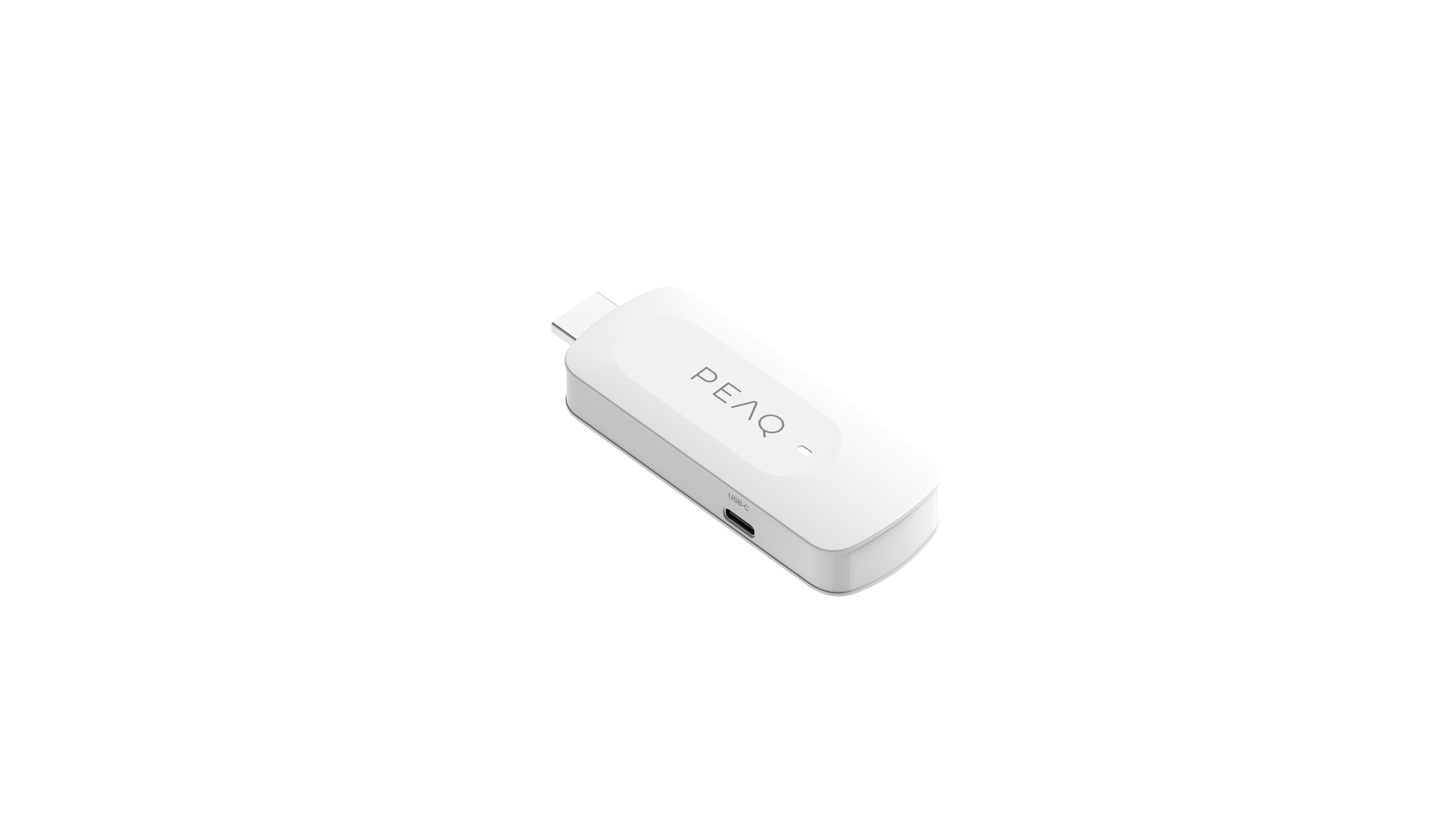 Biały adapter USB-C z logo PEAQ i jednym portem USB-C.