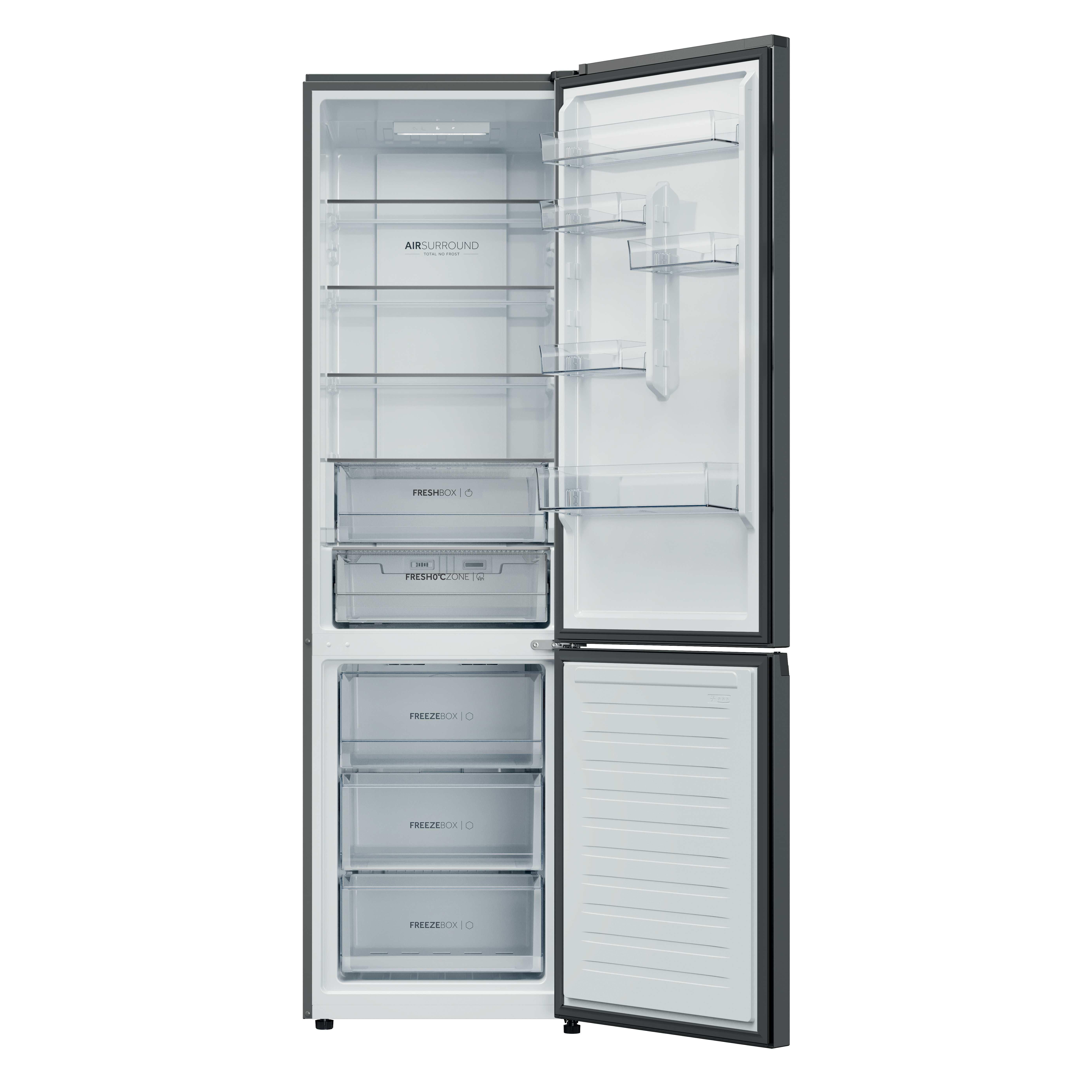 Ein offener, leerer Kühlschrank mit mehreren Fächern und Schubladen.