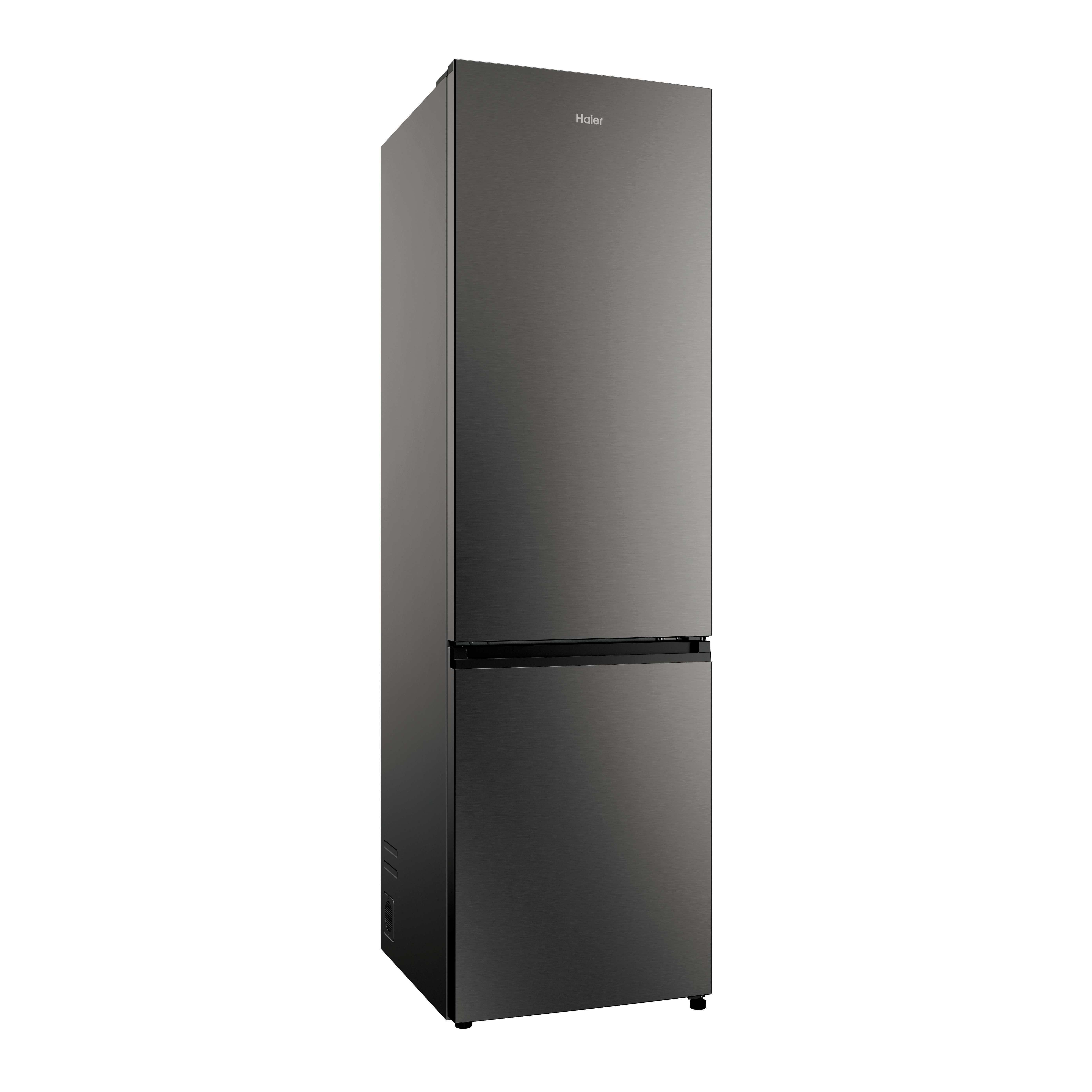 Ein dunkler Haier-Kühlschrank mit zwei Türen, unten ein Gefrierfach.