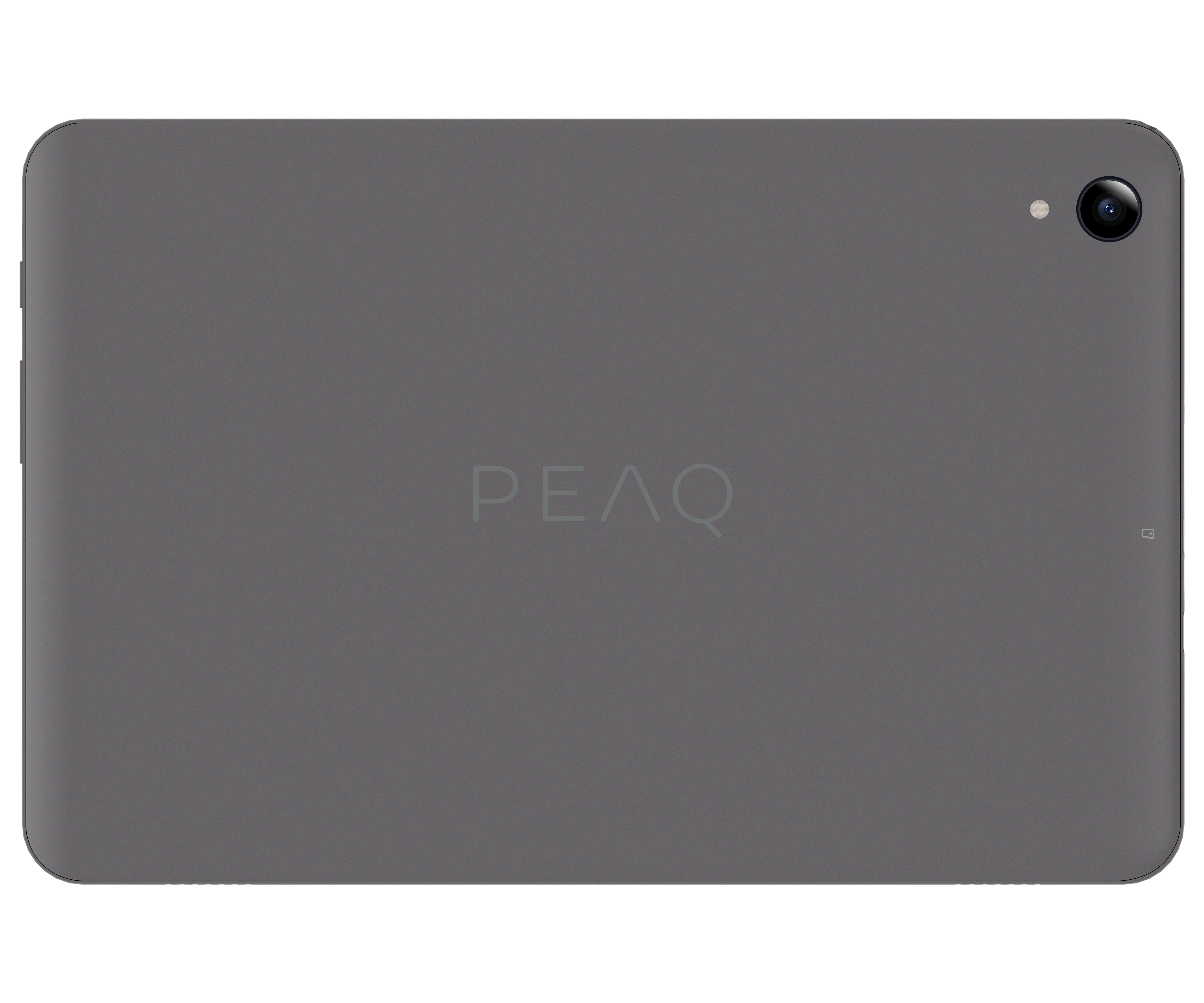 Tył szarego tabletu z logo PEAQ i obiektywem aparatu.