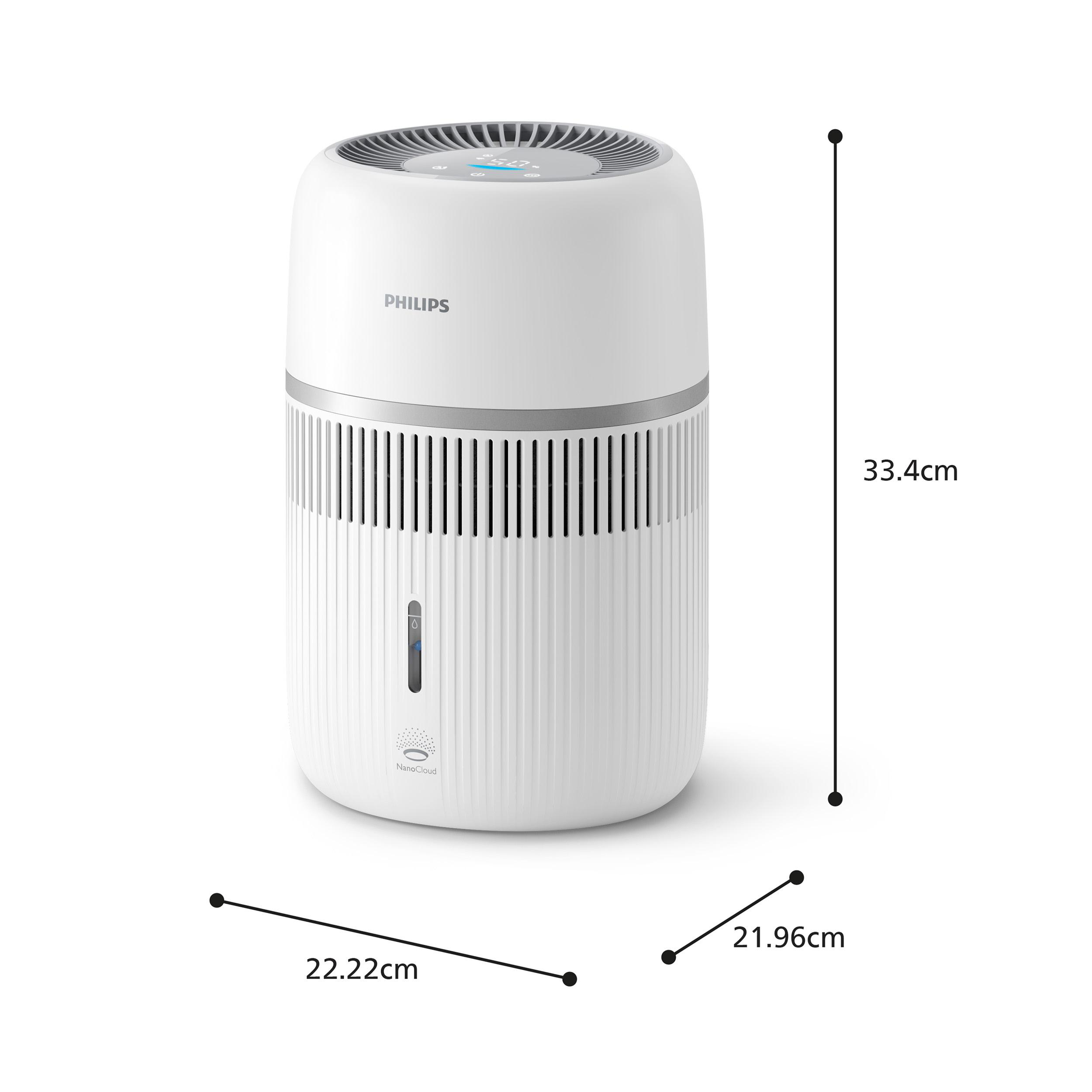 Ein weißer Philips Luftreiniger mit digitaler Anzeige und Maßen.