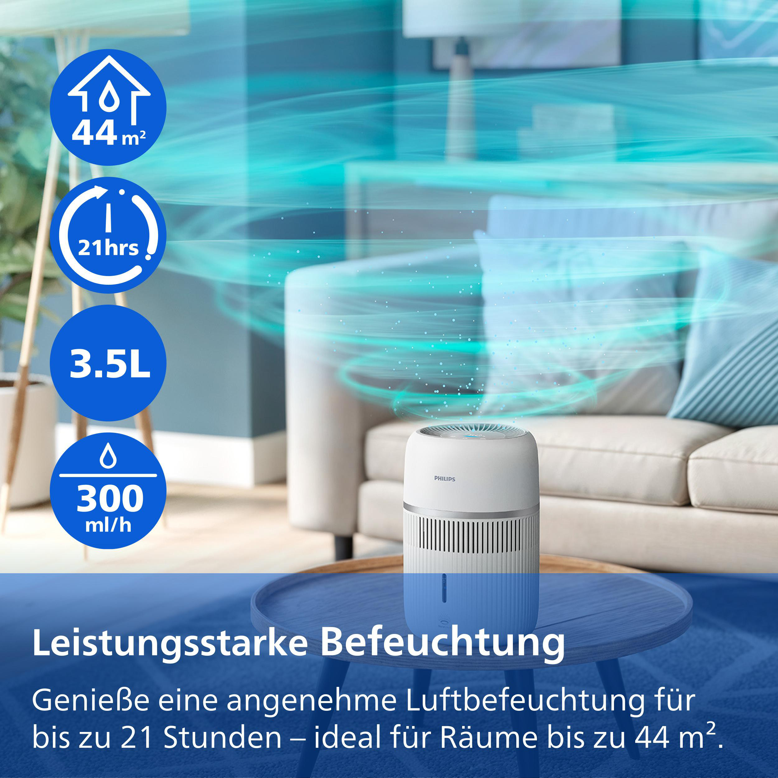 Ein weißer Philips Luftbefeuchter auf einem Tisch, mit Icons für 44m², 21 Std., 3.5L, 300ml/h.