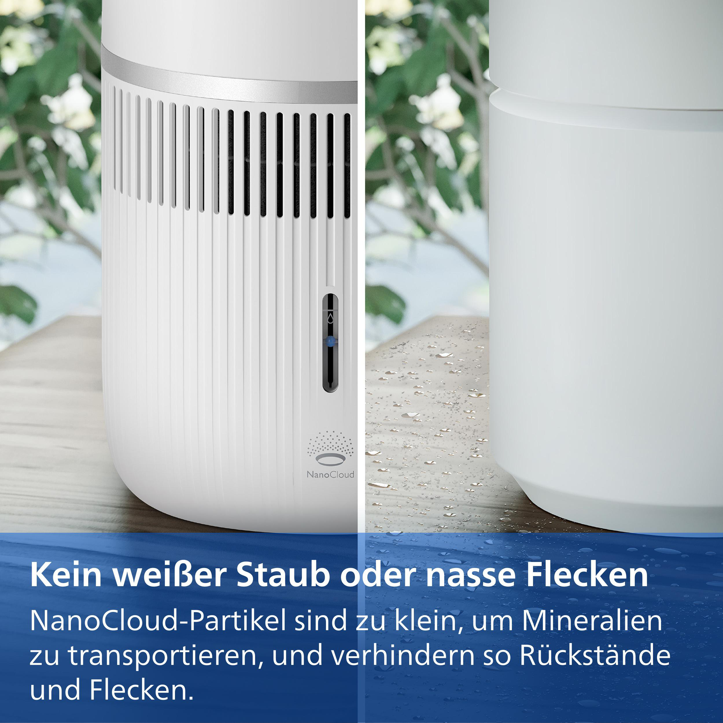 Zwei weiße Luftbefeuchter, einer mit Rillen, der andere glatt. Draußen.