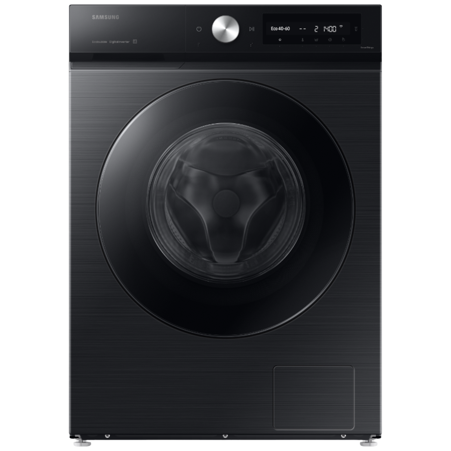 Black Samsung washing machine with digital display and round door.